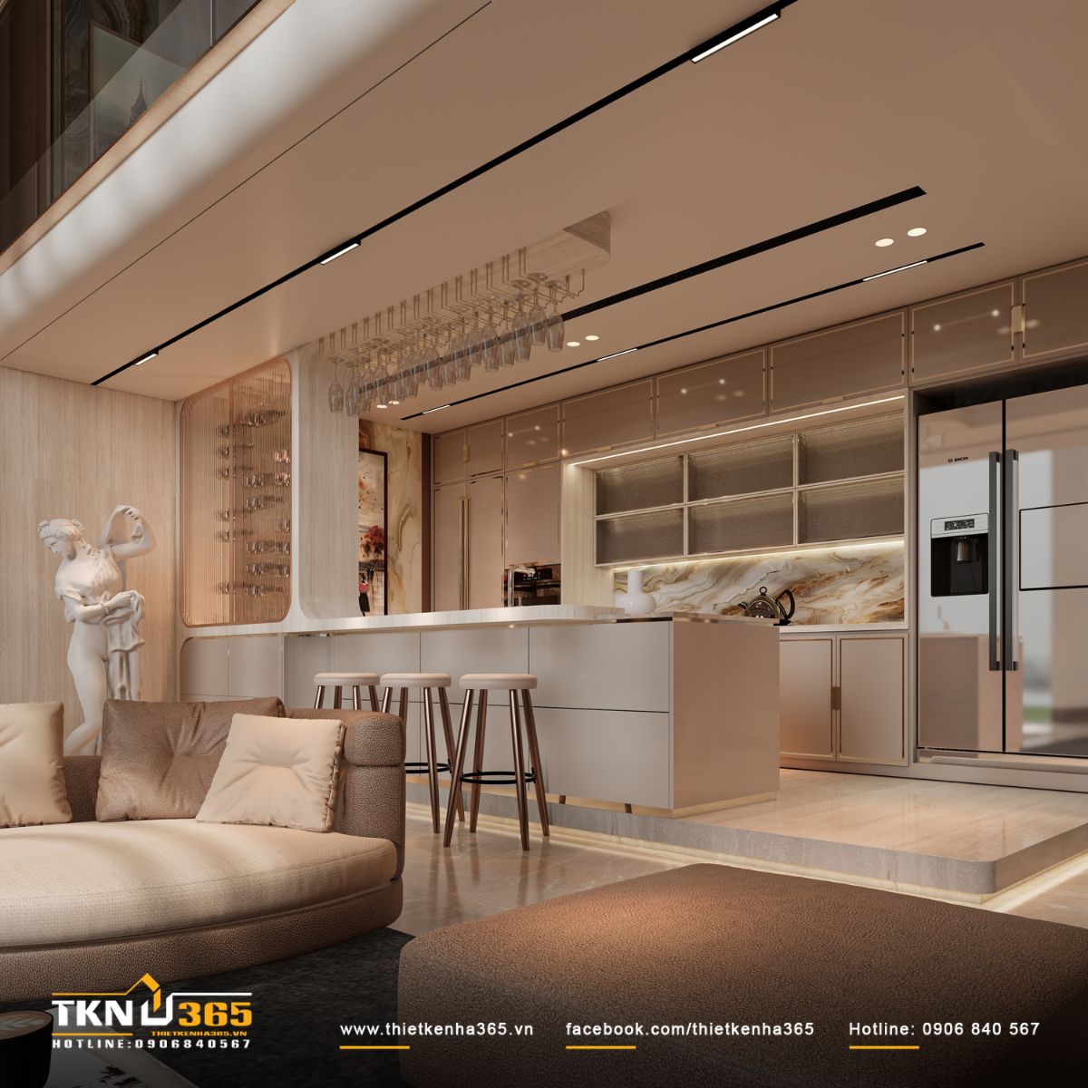 Đảo bếp trung t&acirc;m kết hợp quầy bar, tăng t&iacute;nh linh hoạt cho sinh hoạt thường nhật v&agrave; c&aacute;c bữa ăn nhanh