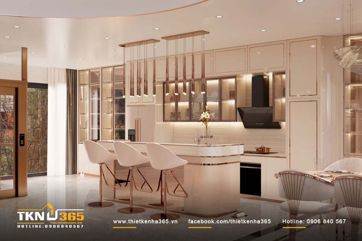 Đ&egrave;n LED &acirc;m trần, đ&egrave;n thả v&agrave; hệ đ&egrave;n hắt tủ tạo th&agrave;nh nhiều lớp &aacute;nh s&aacute;ng cho thiết kế nội thất biệt thự 3 tầng