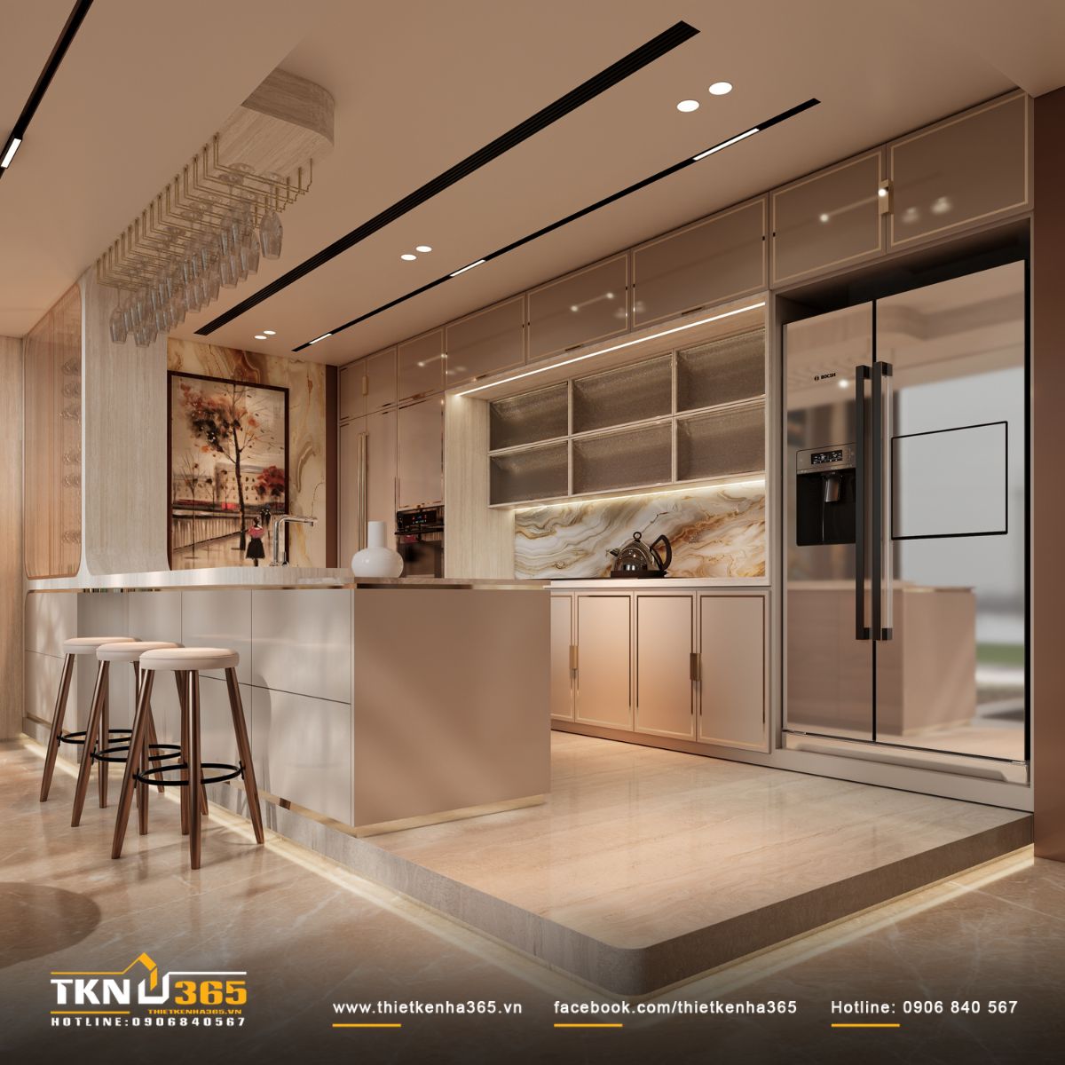 Hệ tủ bếp c&aacute;nh phẳng viền kim loại thiết kế gọn g&agrave;ng, hạn chế chi tiết để kh&ocirc;ng gian lu&ocirc;n ngăn nắp