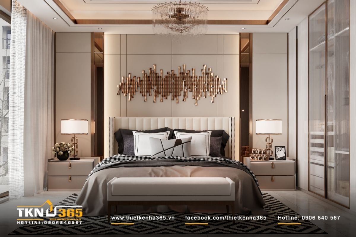 Bố cục ph&ograve;ng ngủ c&acirc;n xứng, giường bọc nệm đầu giường cao