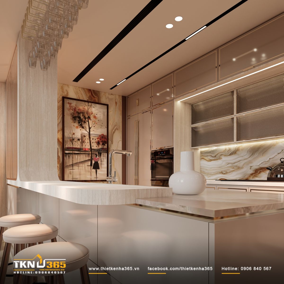 &Aacute;nh s&aacute;ng trần v&agrave; đ&egrave;n hắt tủ được kiểm so&aacute;t cẩn trọng, gi&uacute;p bếp lu&ocirc;n đủ s&aacute;ng m&agrave; vẫn giữ cảm gi&aacute;c ấm c&uacute;ng