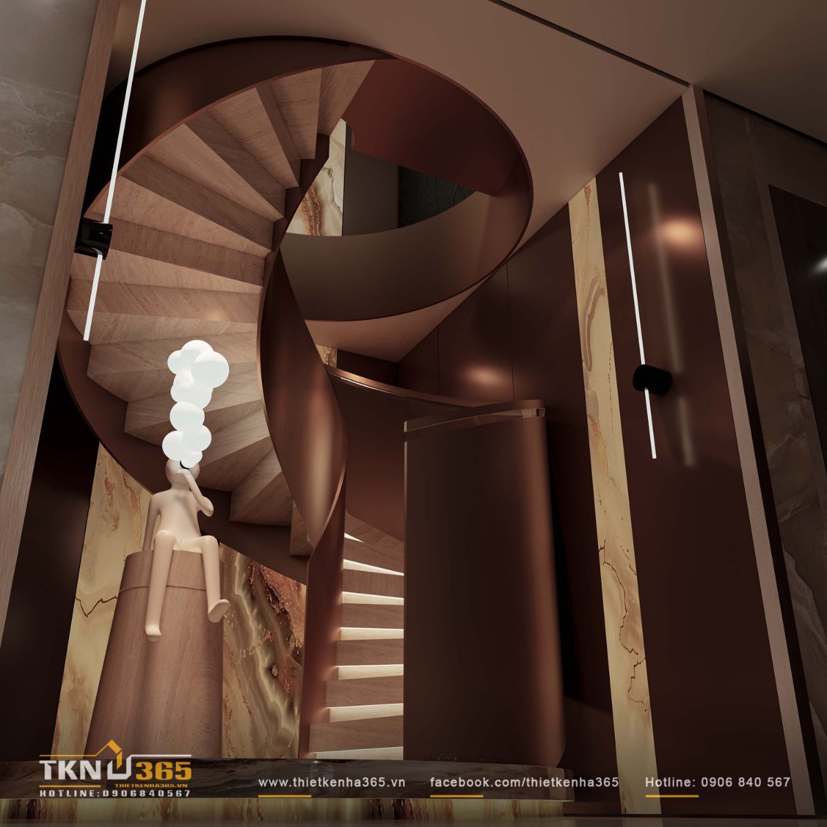 Cầu thang xoắn tạo h&igrave;nh như một điểm nhấn đi&ecirc;u khắc, dẫn dắt chuyển động theo chiều đứng một c&aacute;ch mềm mại