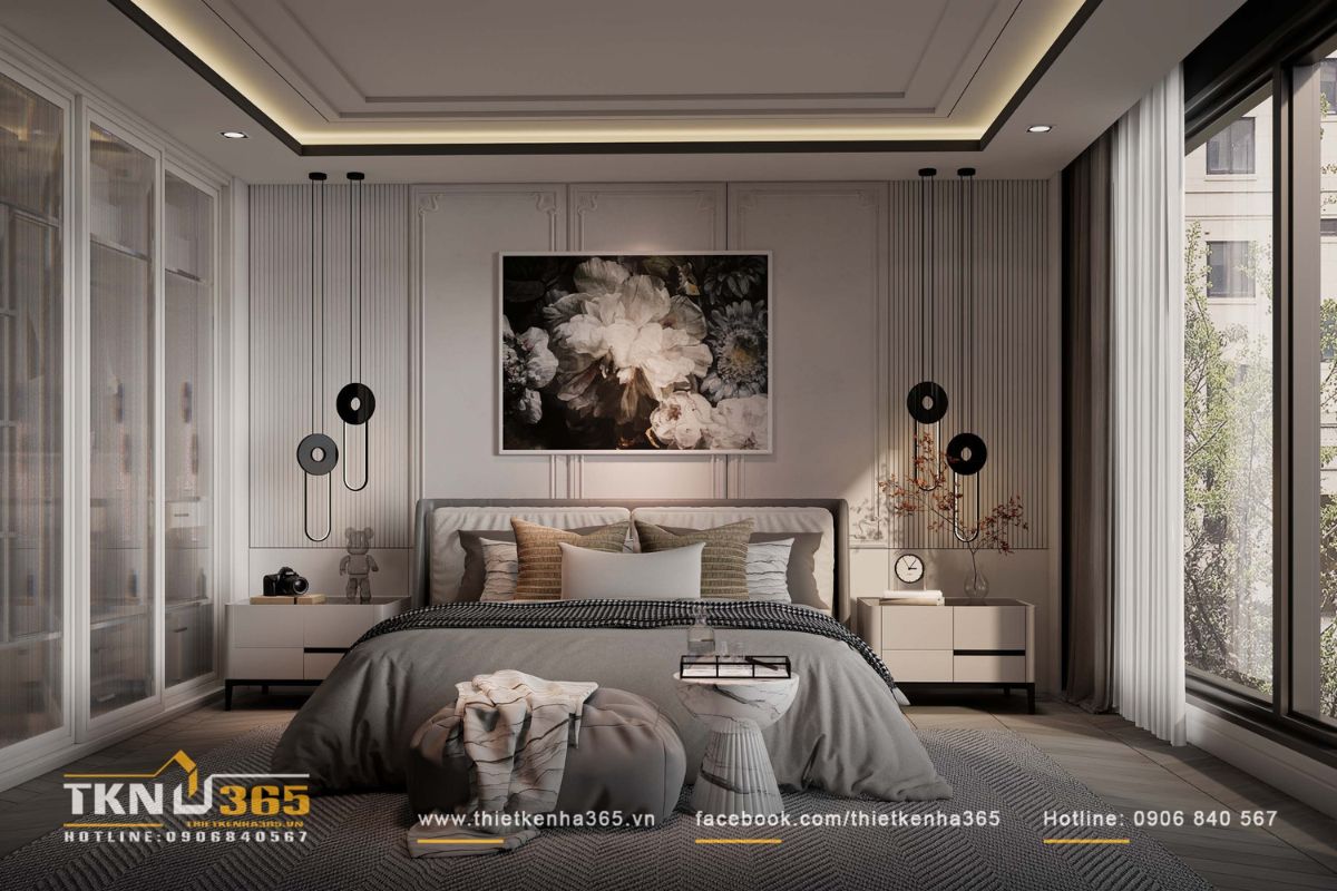Ph&ograve;ng ngủ master tổ chức theo bố cục c&acirc;n xứng, giường ngủ đặt tr&ecirc;n trục trung t&acirc;m tạo cảm gi&aacute;c ổn định v&agrave; trật tự ngay từ điểm nh&igrave;n đầu ti&ecirc;n