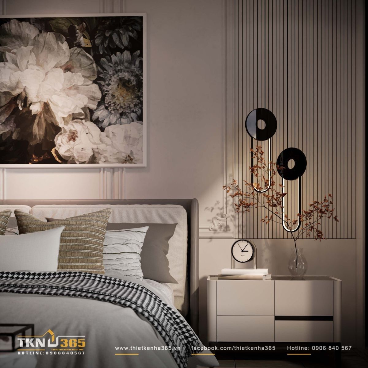 Đ&egrave;n treo đầu giường v&agrave; &aacute;nh s&aacute;ng hắt trần được kiểm so&aacute;t cẩn trọng, tạo bầu kh&ocirc;ng kh&iacute; thư gi&atilde;n, ph&ugrave; hợp cho kh&ocirc;ng gian nghỉ ngơi