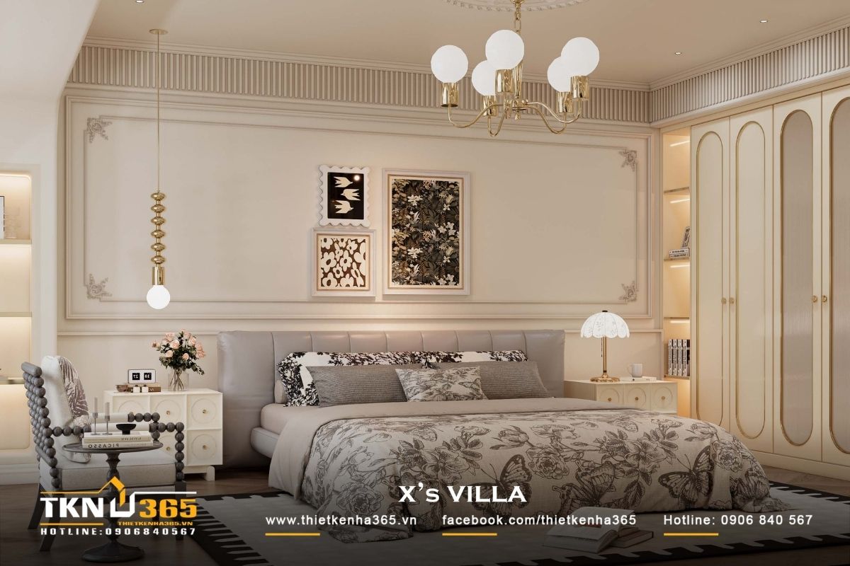 Giường ngủ đặt trên trục trung tâm, kết hợp đầu giường bọc nệm và chi tiết bo cong nhẹ, giảm áp lực thị giác