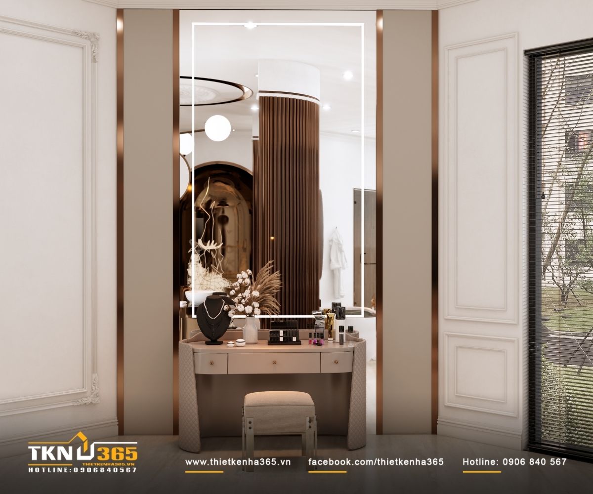 B&agrave;n trang điểm bố tr&iacute; độc lập, gọn g&agrave;ng v&agrave; k&iacute;n đ&aacute;o, đ&oacute;ng vai tr&ograve; chuyển tiếp giữa ph&ograve;ng ngủ v&agrave; khu tắm