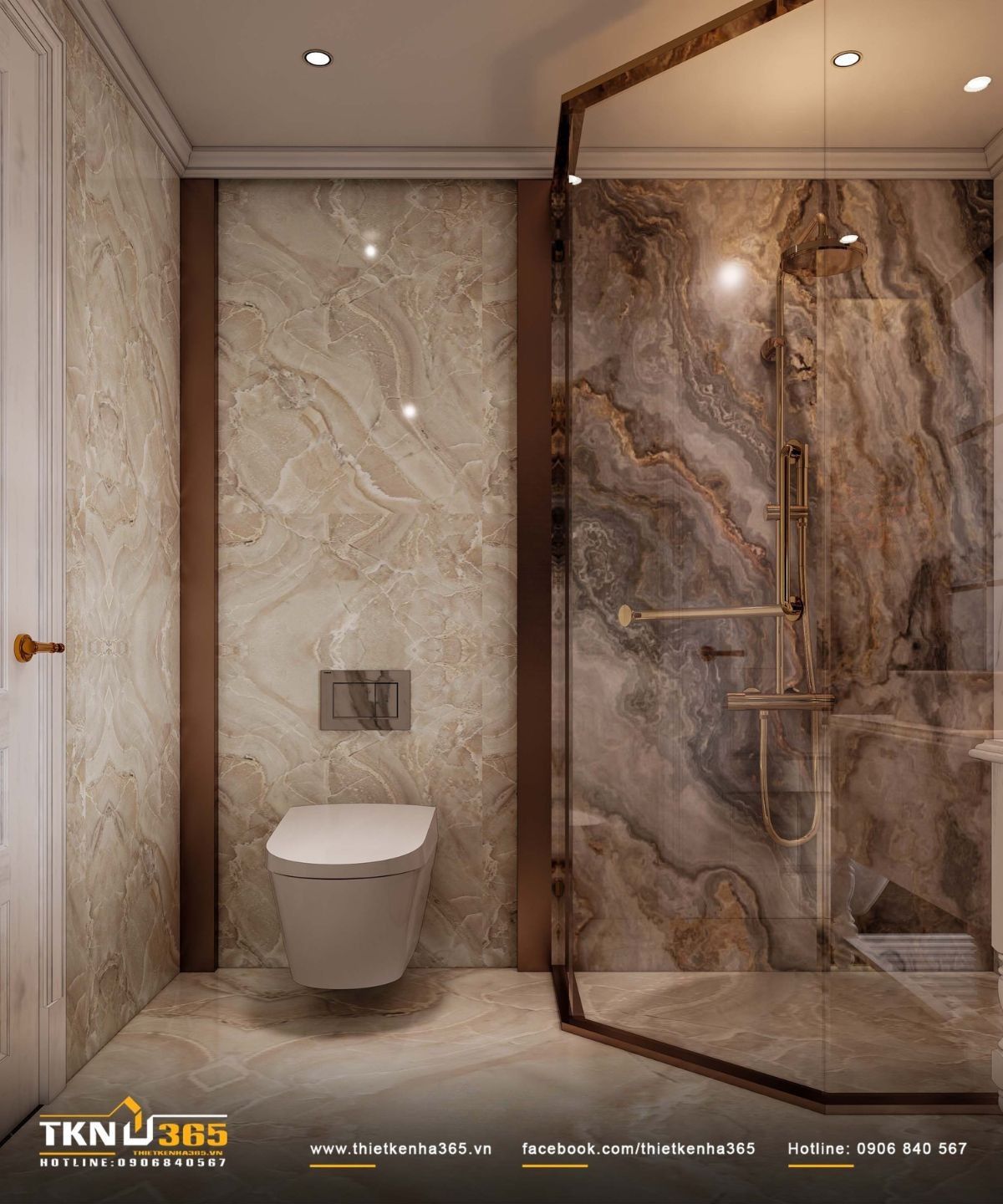 Kh&ocirc;ng gian ph&ograve;ng tắm sử dụng đ&aacute; v&acirc;n tự nhi&ecirc;n liền mạch, tạo cảm gi&aacute;c bao bọc v&agrave; y&ecirc;n tĩnh