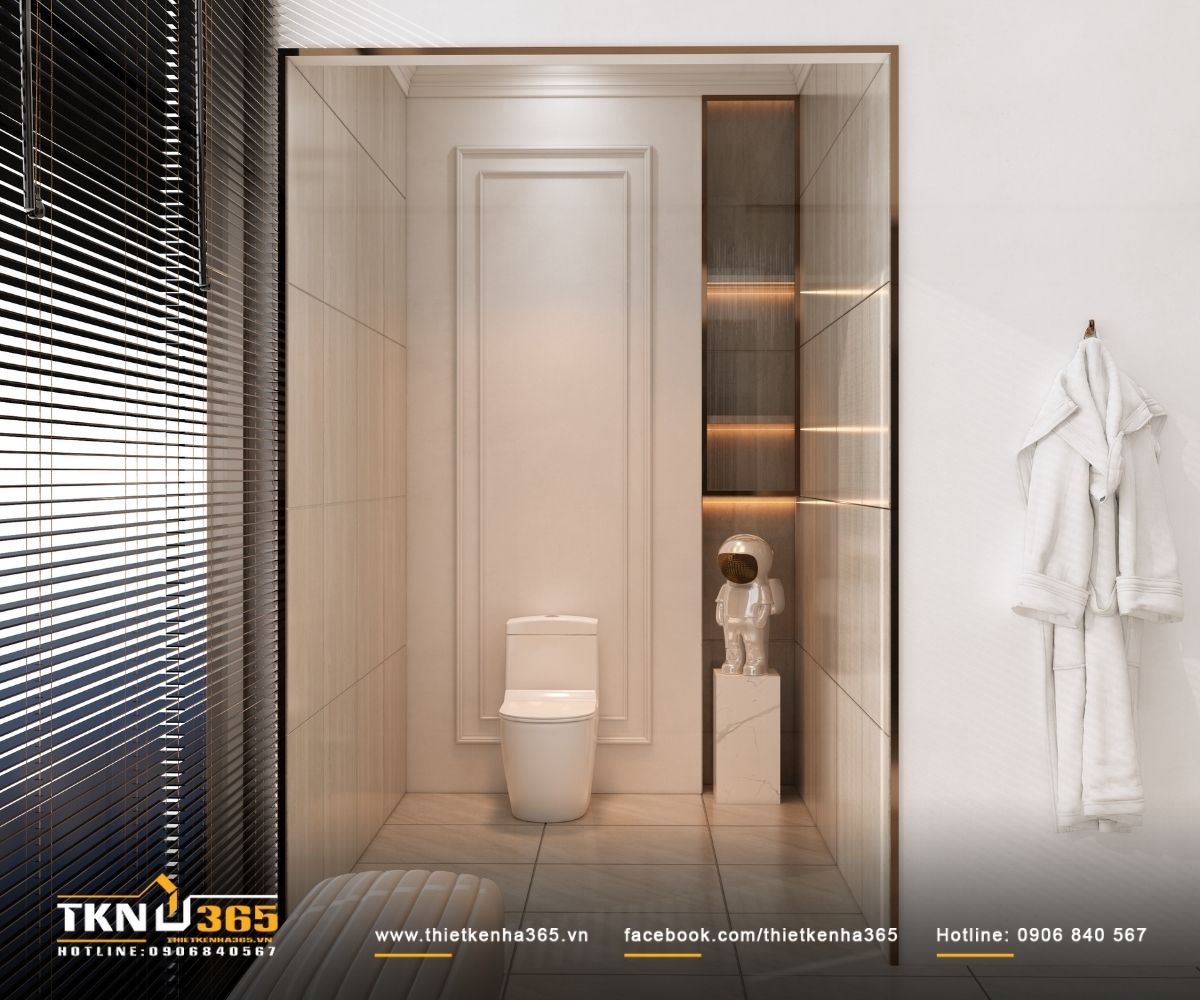 Khu vệ sinh t&aacute;ch biệt, tổ chức gọn g&agrave;ng với &aacute;nh s&aacute;ng hắt khe v&agrave; bảng m&agrave;u trung t&iacute;nh, giữ sự sạch sẽ v&agrave; y&ecirc;n tĩnh cho to&agrave;n bộ kh&ocirc;ng gian