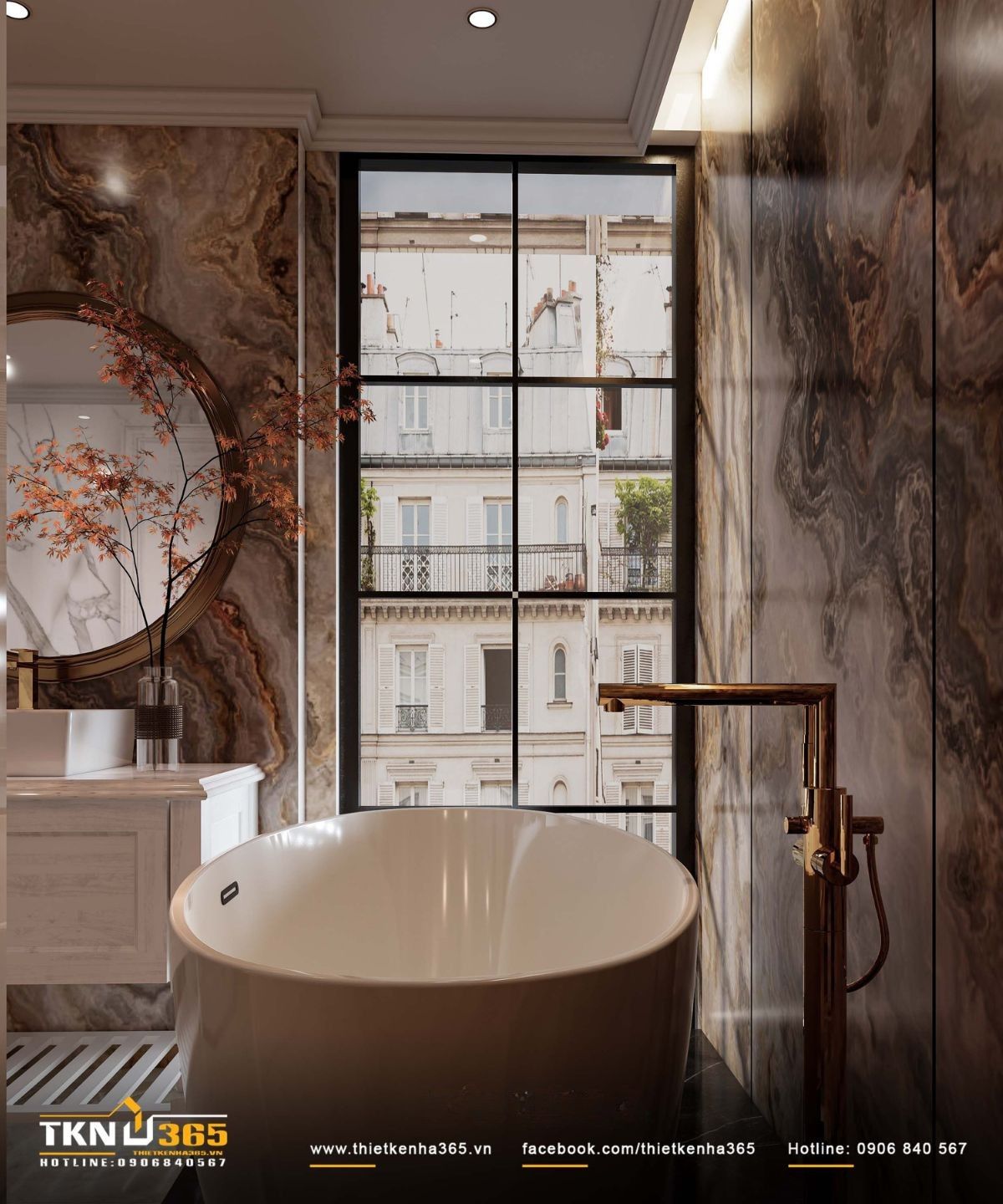 Bồn tắm đặt cạnh cửa sổ lớn, mở ra tầm nh&igrave;n tho&aacute;ng v&agrave; mang lại trải nghiệm thư gi&atilde;n chậm r&atilde;i, ri&ecirc;ng tư