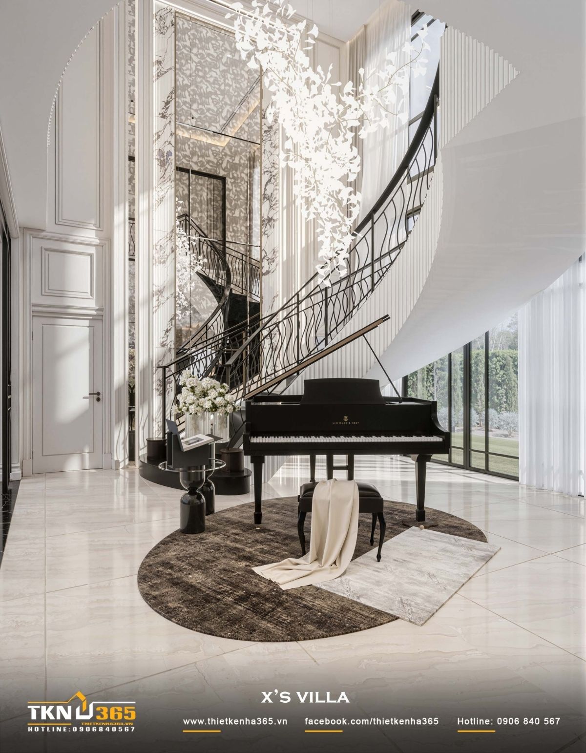 Cầu thang cong với lan can kim loại uốn mềm đ&oacute;ng vai tr&ograve; điểm chuyển tiếp, dẫn dắt d&ograve;ng chuyển động theo chiều đứng của kh&ocirc;ng gian th&ocirc;ng tầng