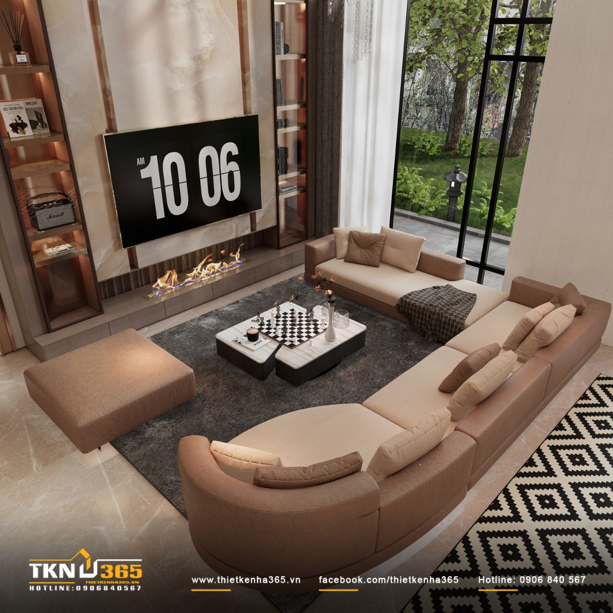 Bộ sofa bo mềm đặt xoay quanh b&agrave;n tr&agrave;, tạo bố cục qu&acirc;y quần, c&acirc;n bằng giữa sự bề thế v&agrave; cảm gi&aacute;c ấm c&uacute;ng