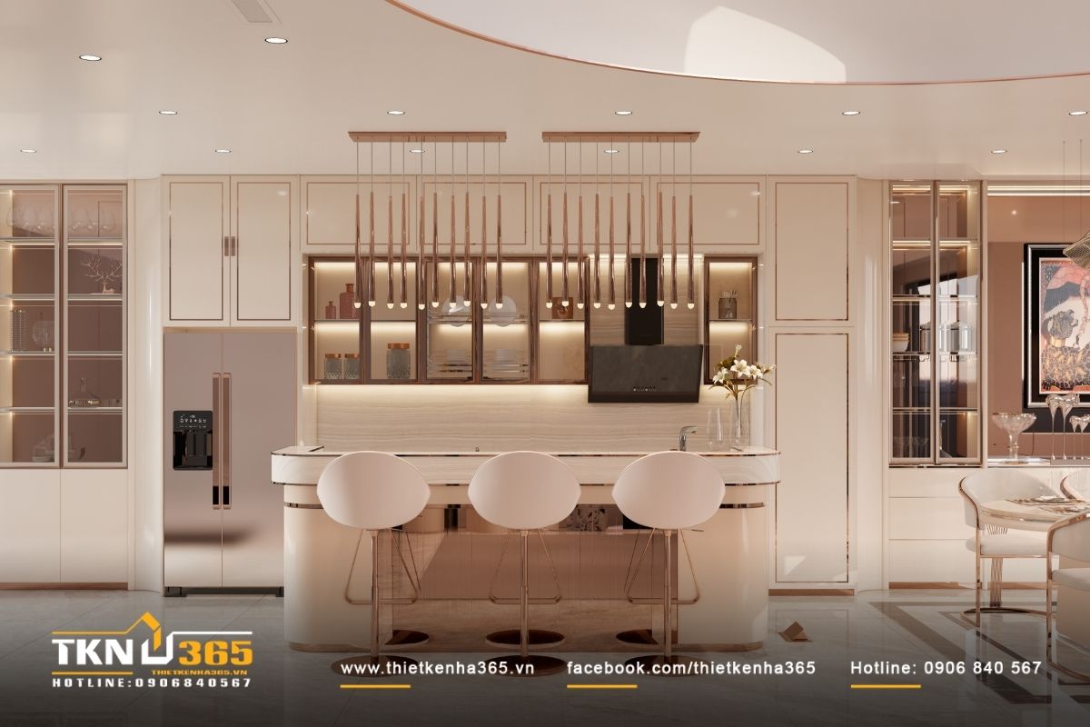 Bảng vật liệu trung t&iacute;nh ấm với be - kem - n&acirc;u nhạt, kết hợp &aacute;nh kim champagne v&agrave; đồng xước tiết chế, giữ vẻ sang trọng ổn định theo thời gian