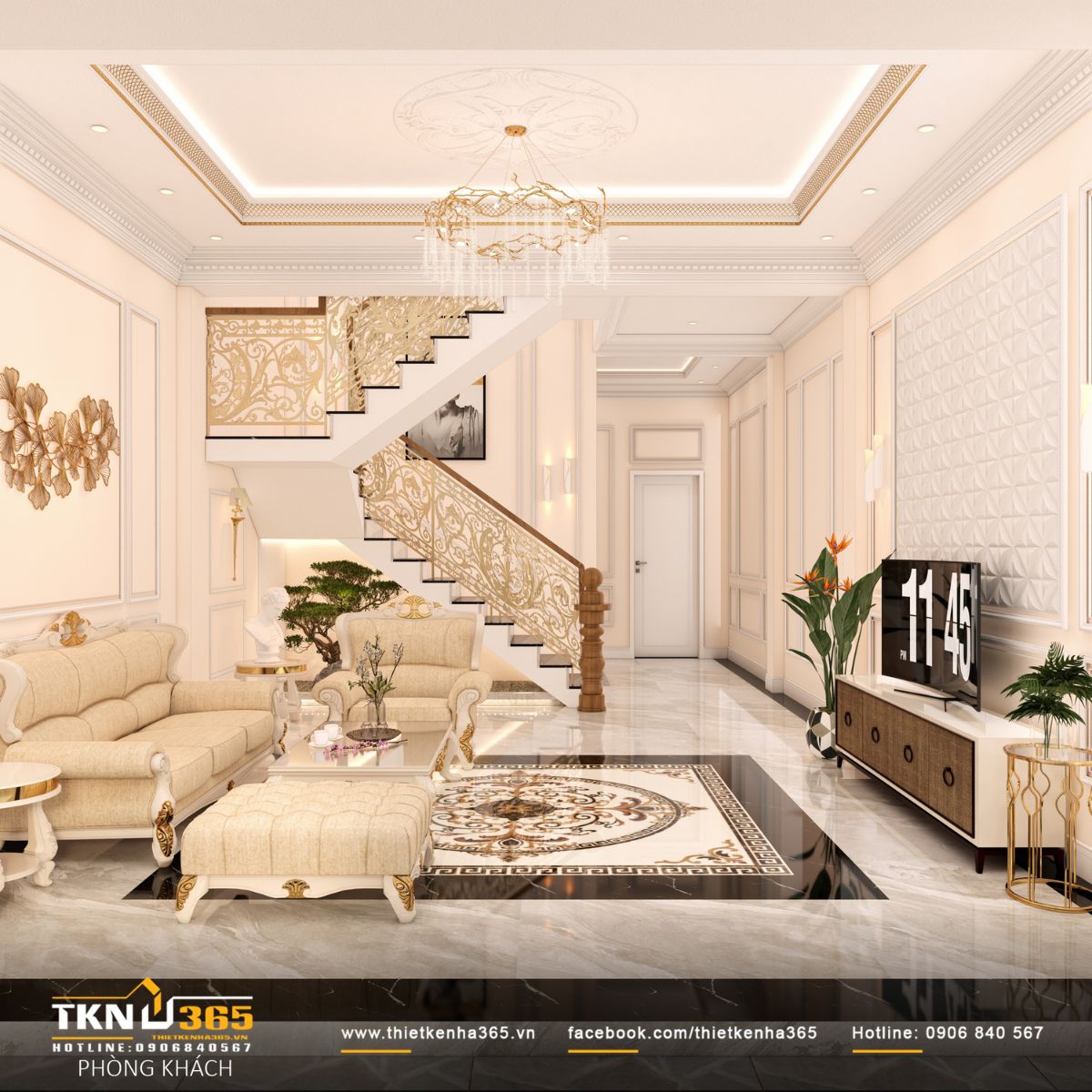 Không gian sinh hoạt chung tổ chức theo trục liên hoàn, kết nối phòng khách - sảnh - cầu thang trong một bố cục mạch lạc