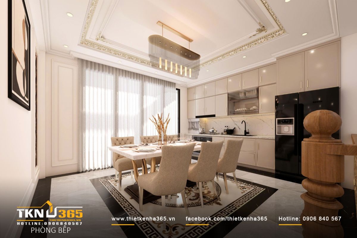 Hệ tủ bếp chữ I gọn gàng, sử dụng gam màu trung tính kết hợp mặt bếp sáng màu, tối ưu công năng và giữ cảm giác sạch sẽ, tinh gọn