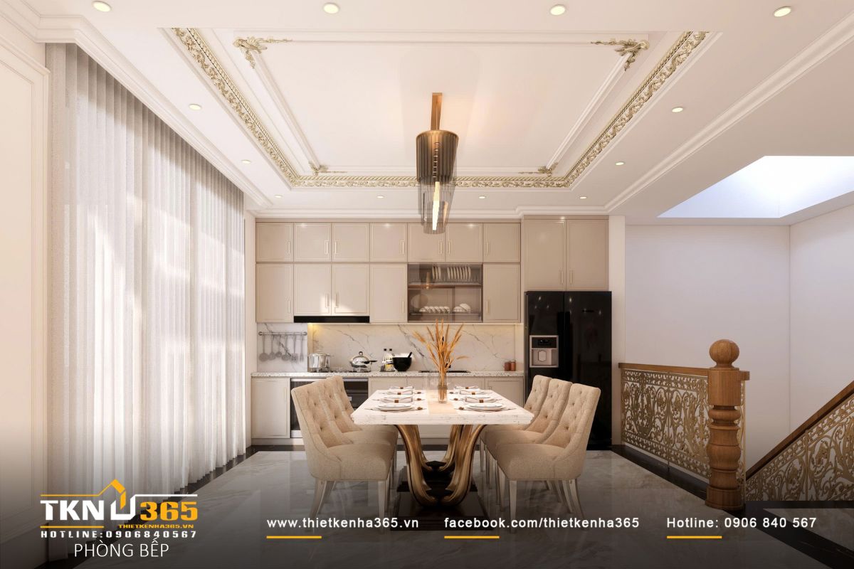 Bàn ăn đặt tại trung tâm không gian, đóng vai trò điểm tụ họp và kết nối các thành viên trong những bữa ăn hàng ngày