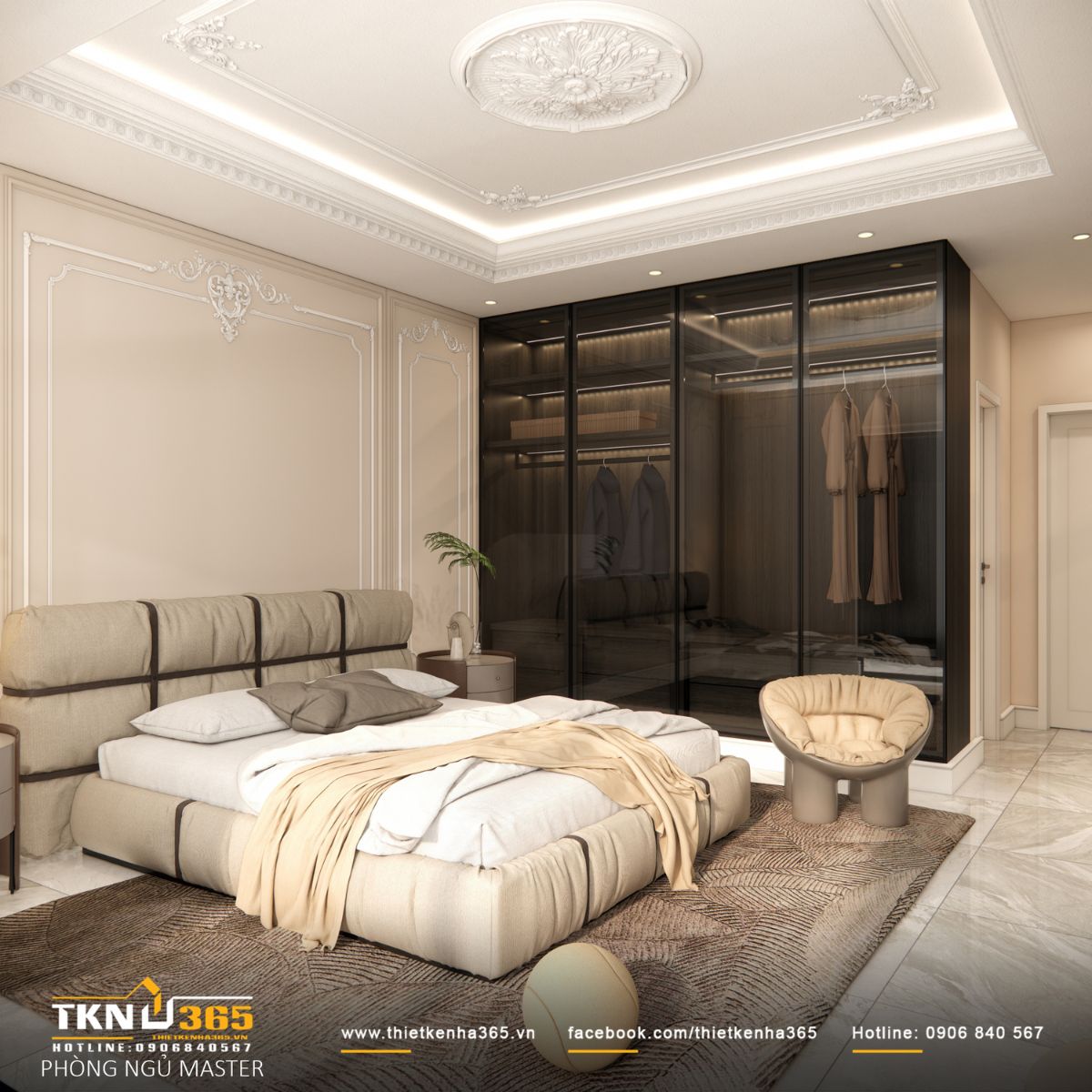 Bảng màu trung tính trắng - be - nâu nhạt làm nền, giúp phòng ngủ luôn nhẹ nhàng, dễ chịu và phù hợp cho sử dụng lâu dài