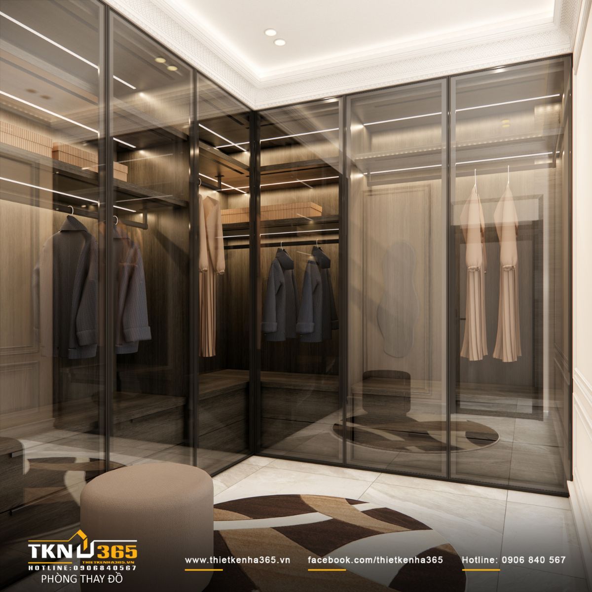 Phòng thay đồ thiết kế theo hướng hiện đại, hệ tủ kính giúp không gian thông thoáng và dễ quan sát khi sử dụng hàng ngày