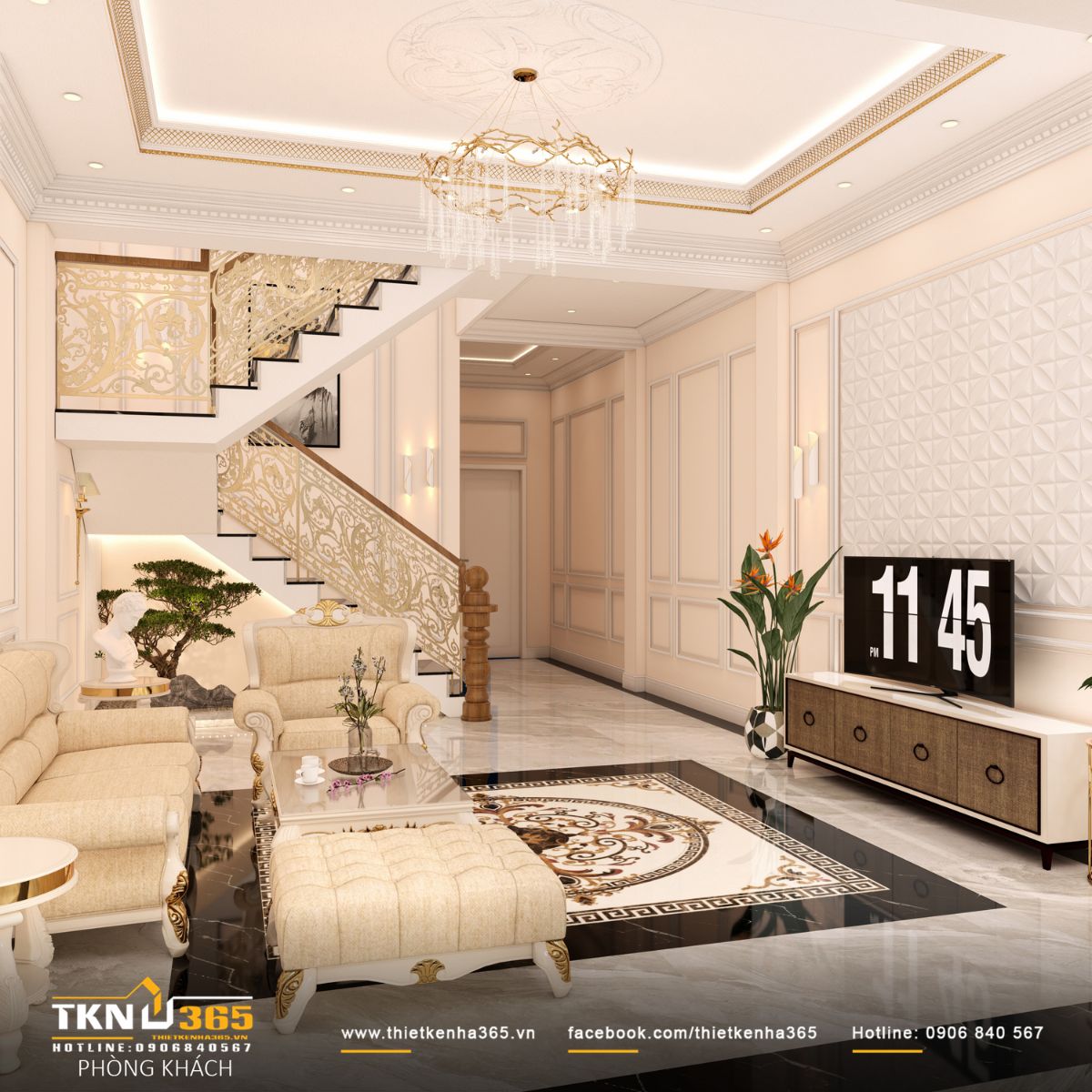 Phòng khách tân cổ điển tiết chế chi tiết, sử dụng bảng màu trắng - be trung tính làm nền, giữ sự sáng thoáng và cân bằng thị giác cho nhà phố