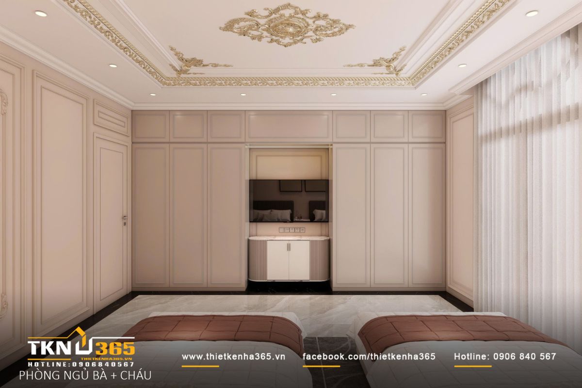 Hai giường bố trí song song, thuận tiện sinh hoạt, giữ lối đi rộng và an toàn khi sử dụng