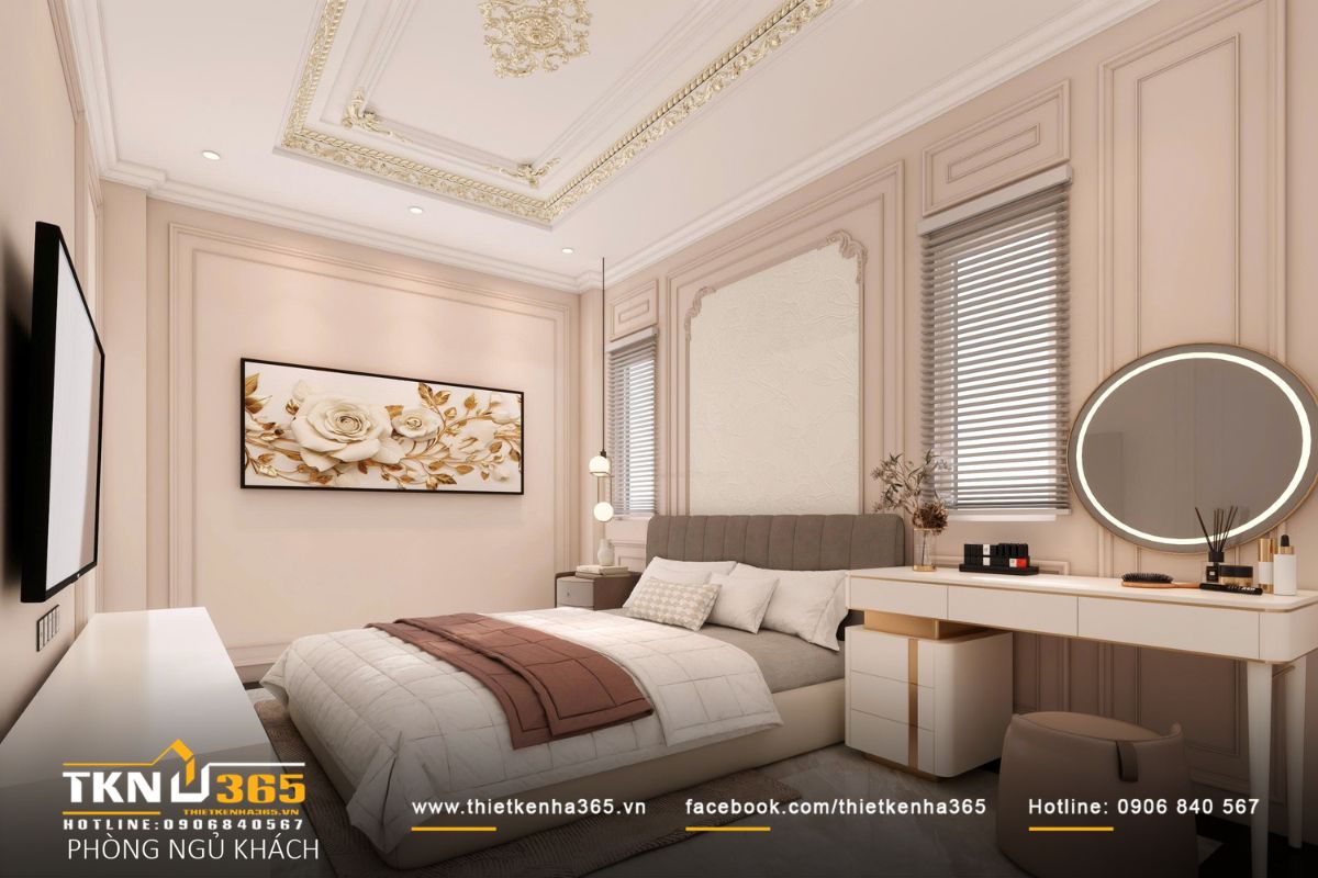 Bàn trang điểm và hệ tủ tích hợp, đáp ứng nhu cầu cơ bản mà không làm không gian trở nên nặng nề