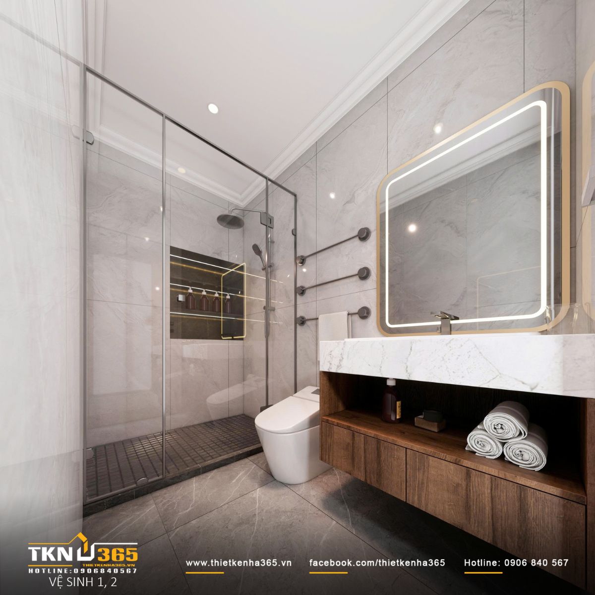 Phòng vệ sinh thiết kế theo phong cách hiện đại, phân tách khô - ướt rõ ràng để thuận tiện trong sinh hoạt