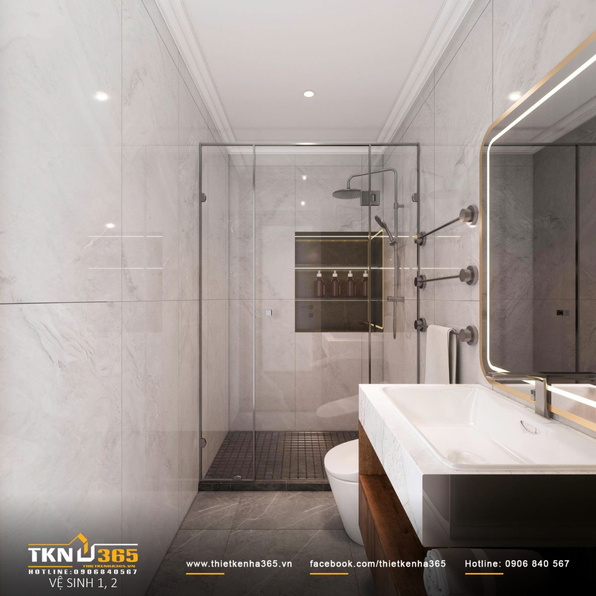 Đá sáng màu kết hợp ánh sáng đều, giữ cảm giác sạch sẽ và thoáng đãng cho không gian nhỏ