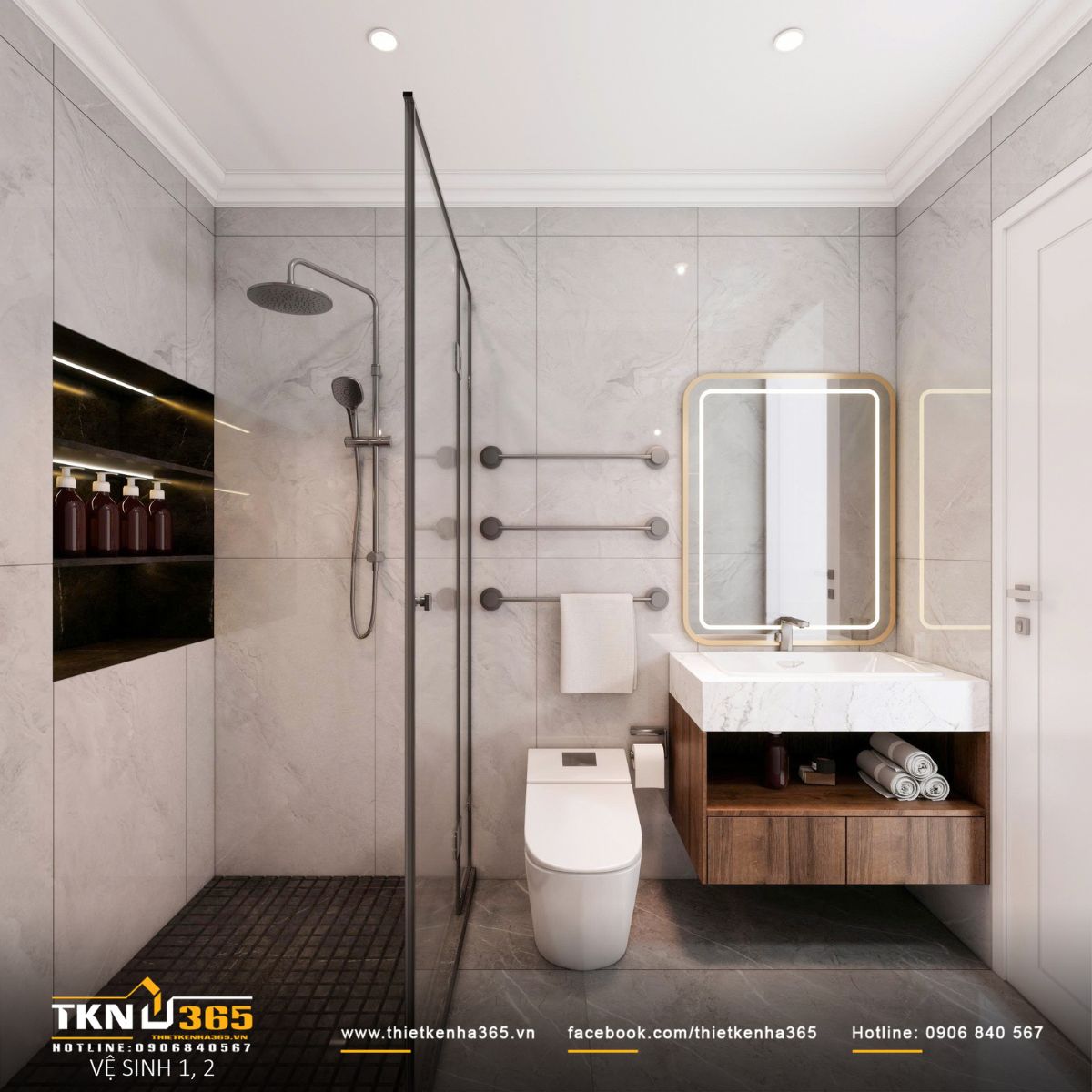 Hệ tủ lavabo treo và hộc âm tường giúp tối ưu lưu trữ, giúp khu vệ sinh luôn gọn gàng