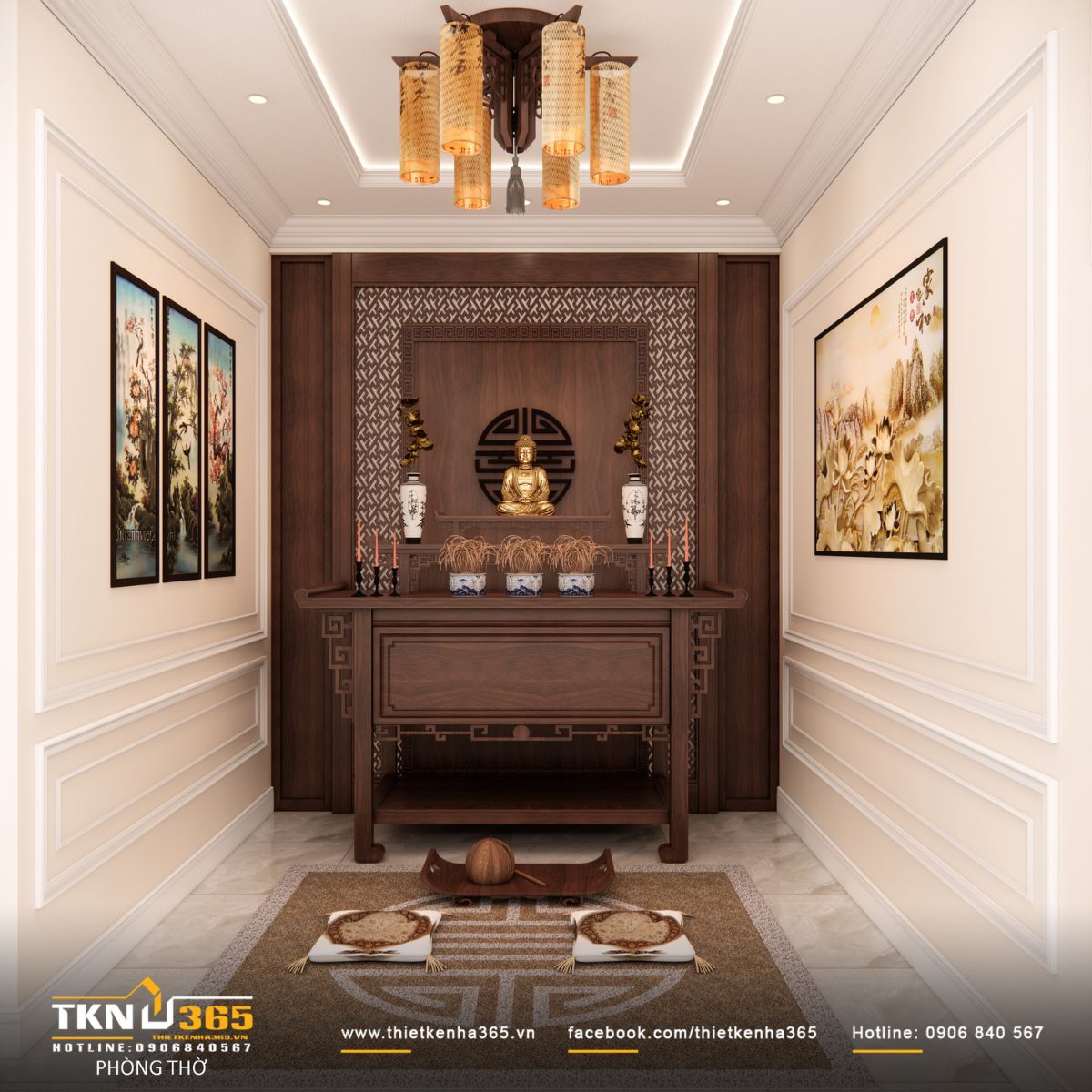 Phòng thờ bố trí tách biệt, giữ sự yên tĩnh và trang trọng cần thiết trong sinh hoạt tâm linh của gia đình