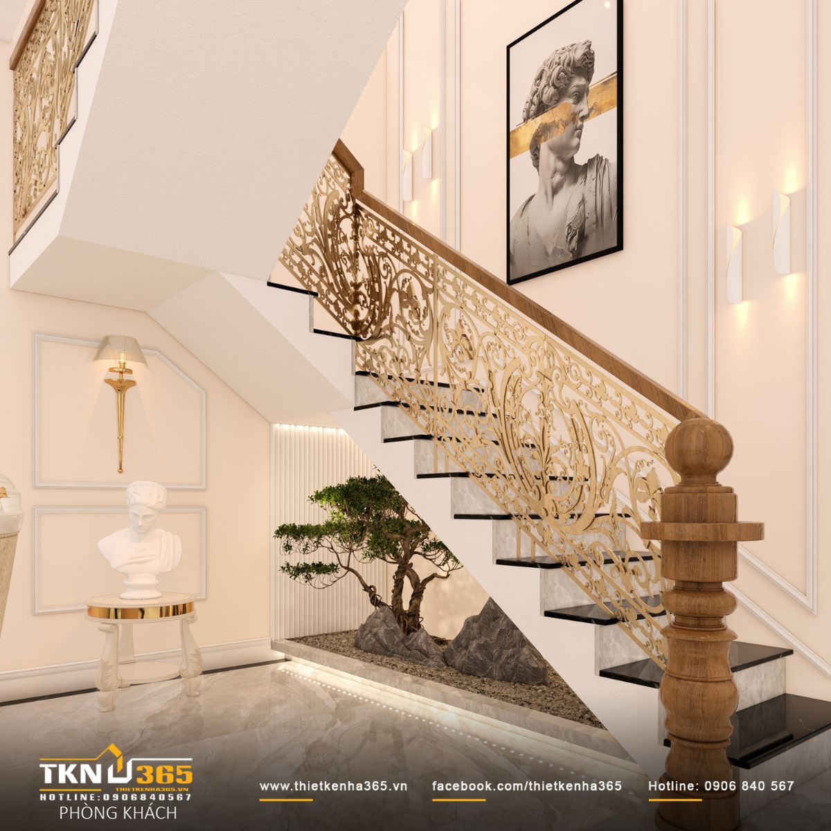 Cầu thang như một yếu tố kiến trúc dẫn nhịp không gian, lan can sắt hoa văn kết hợp tay vịn gỗ tạo sự chuyển tiếp mềm mại giữa các tầng