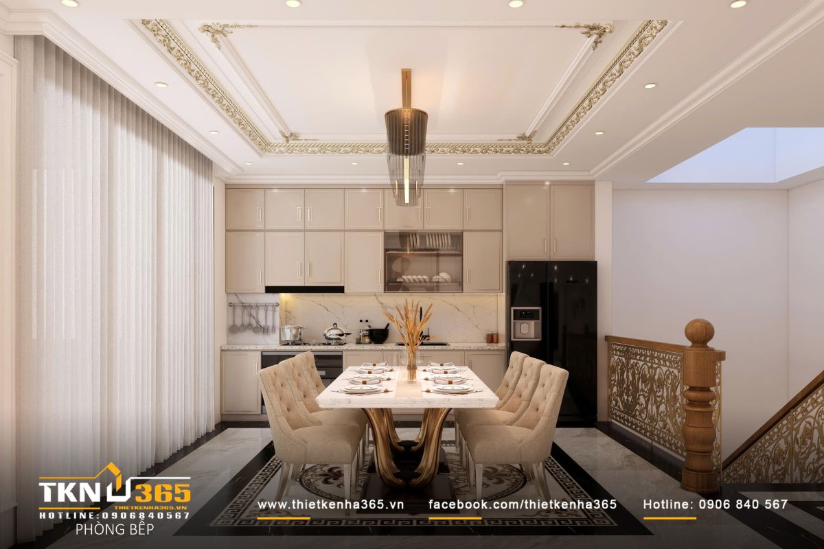 Không gian bếp - ăn bố trí ở tầng trên, tiếp nối trục sinh hoạt theo phương đứng, giữ sự riêng tư nhưng vẫn liền mạch với tổng thể ngôi nhà