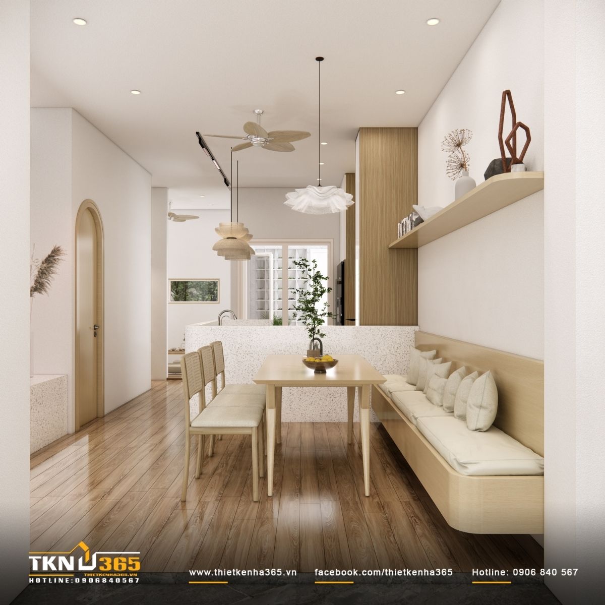 Kh&ocirc;ng gian ph&ograve;ng kh&aacute;ch - bếp liền mạch, tổ chức theo trục dọc nh&agrave; phố, giữ d&ograve;ng chảy sinh hoạt li&ecirc;n tục v&agrave; tho&aacute;ng s&aacute;ng