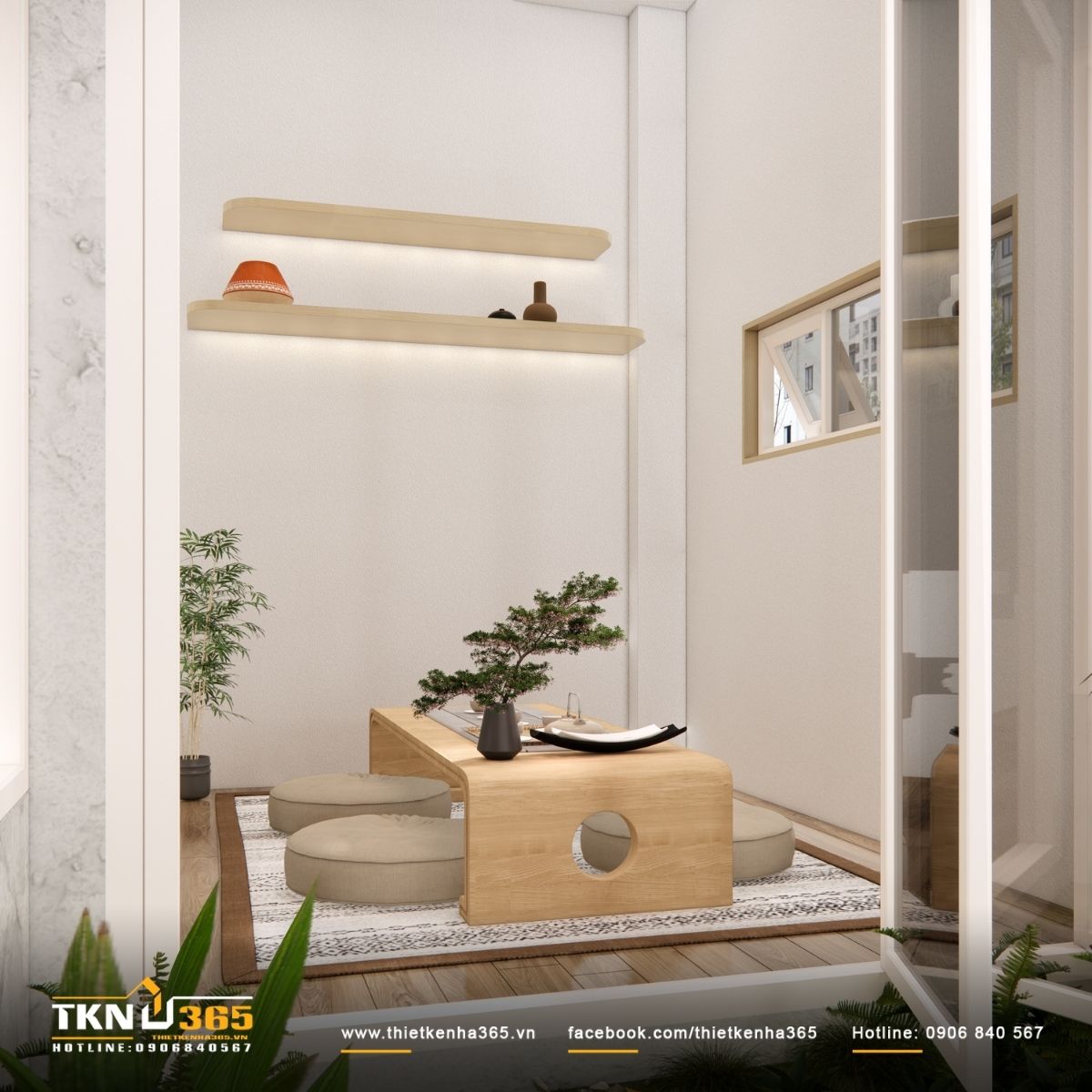 B&agrave;n tr&agrave; thấp, đệm ngồi bệt tạo kh&ocirc;ng gian thư gi&atilde;n dễ chịu