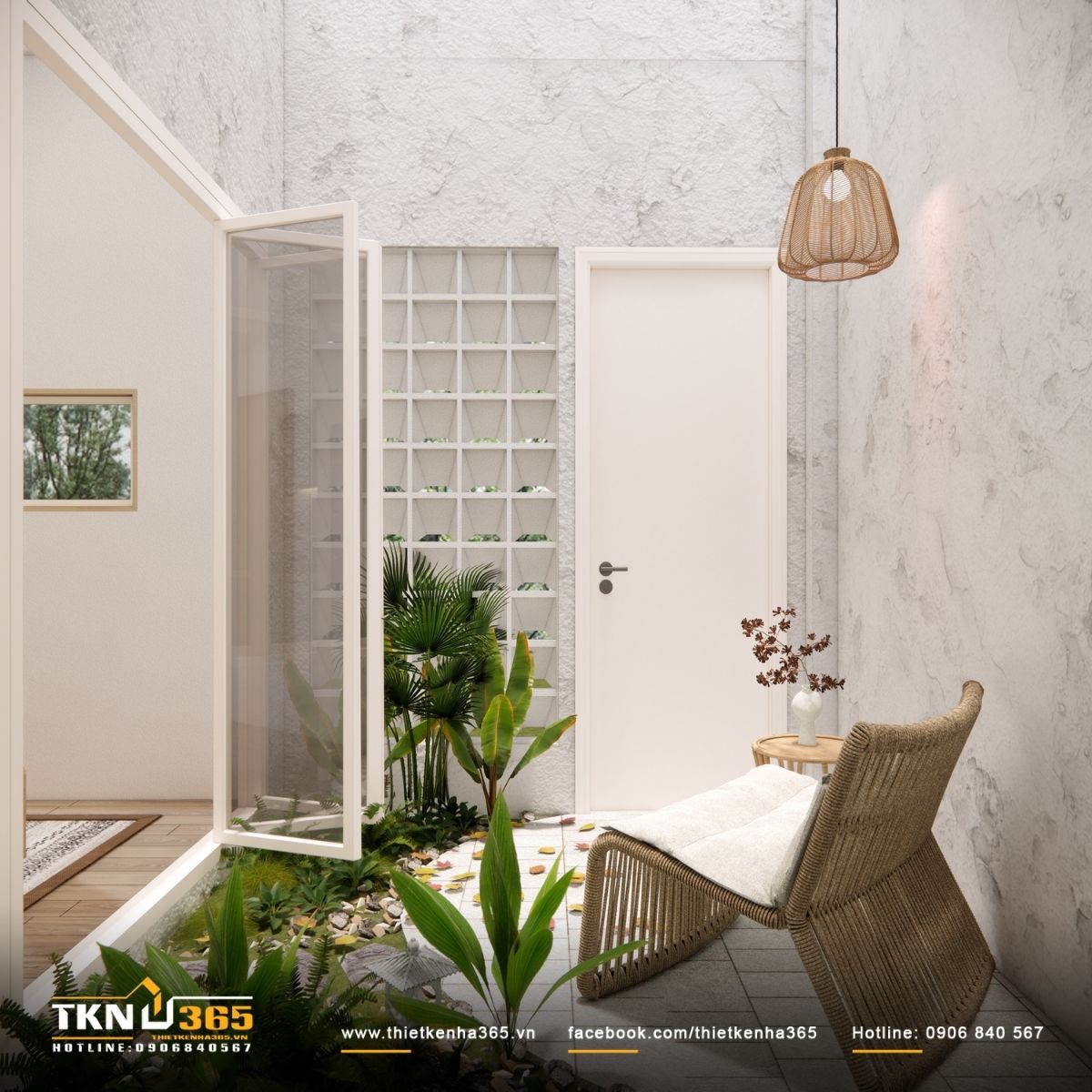 S&acirc;n vườn nhỏ tổ chức tối giản, kết hợp c&acirc;y xanh v&agrave; gạch l&aacute;t đơn giản để giữ cảm gi&aacute;c tự nhi&ecirc;n