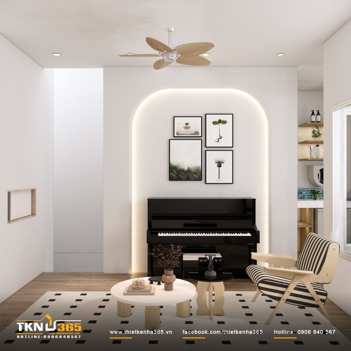 Đ&agrave;n piano đặt trong mảng tường v&ograve;m c&oacute; &aacute;nh s&aacute;ng hắt, trở th&agrave;nh điểm nhấn tinh tế của kh&ocirc;ng gian chung