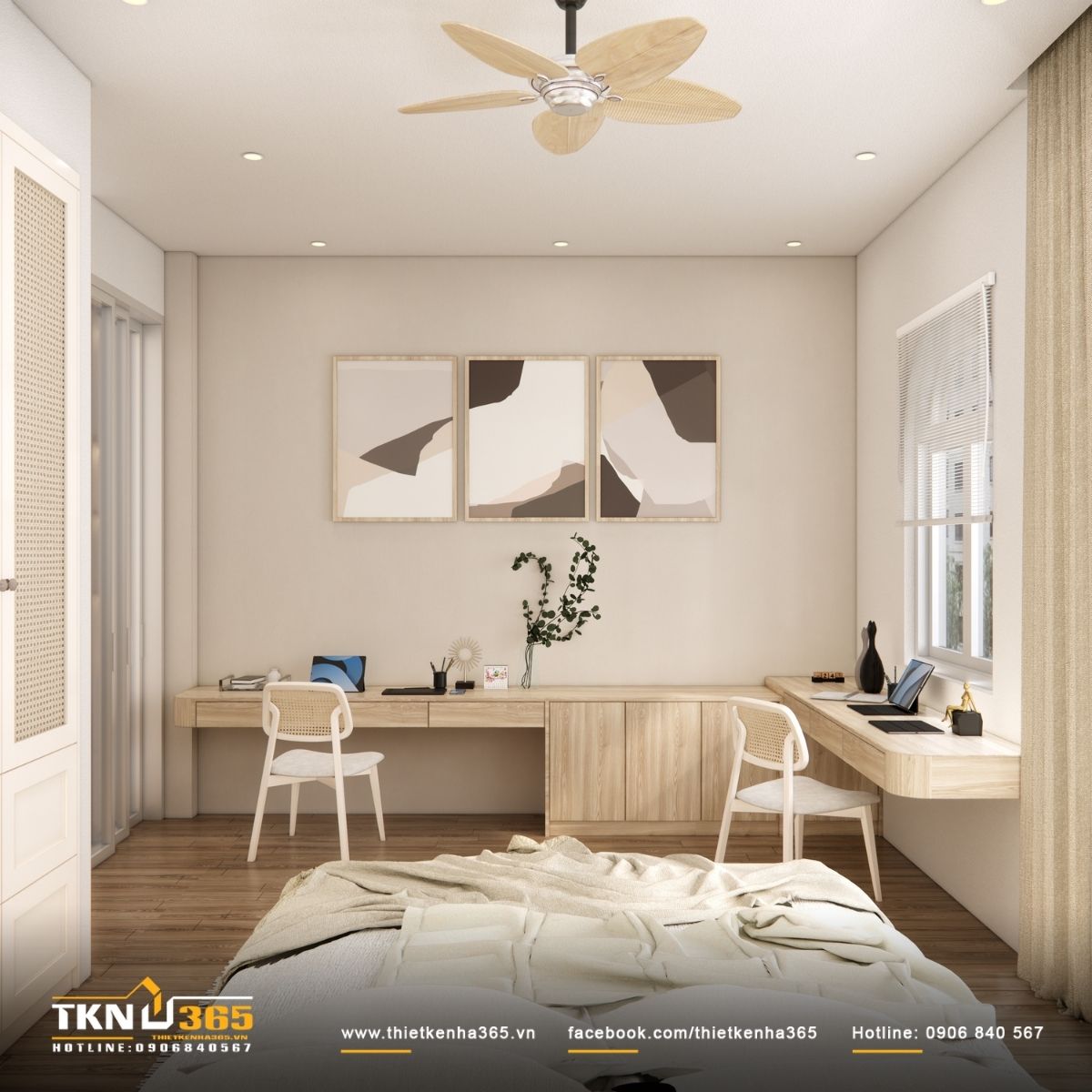 Hệ tủ lớn chạy dọc tường kết hợp b&agrave;n l&agrave;m việc, tối ưu c&ocirc;ng năng m&agrave; vẫn giữ sự gọn g&agrave;ng