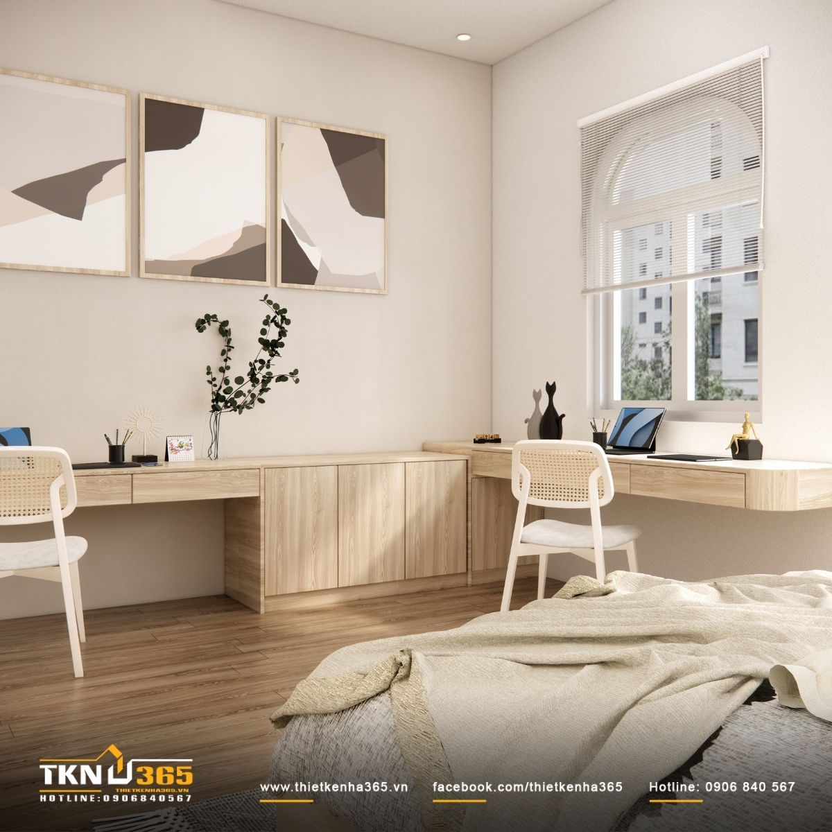 Vật liệu gỗ s&aacute;ng v&agrave; bảng m&agrave;u trung t&iacute;nh gi&uacute;p kh&ocirc;ng gian h&agrave;i h&ograve;a, dễ thư gi&atilde;n trong sinh hoạt h&agrave;ng ng&agrave;y