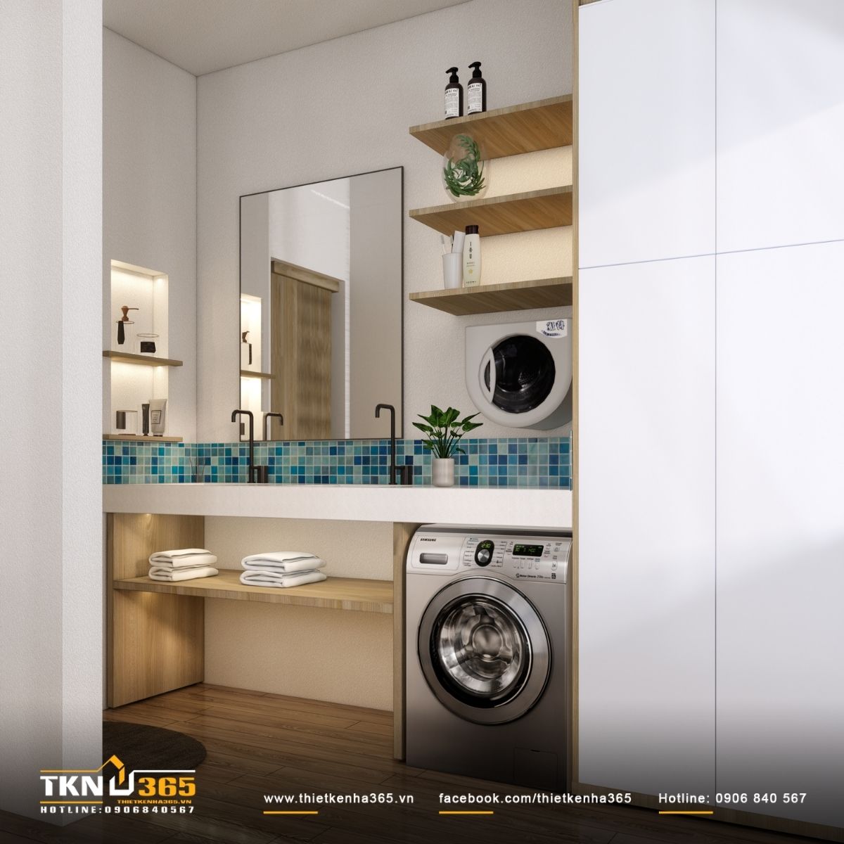 Hệ kệ mở v&agrave; tủ lưu trữ t&iacute;ch hợp gi&uacute;p khu vực giặt - vệ sinh lu&ocirc;n gọn g&agrave;ng