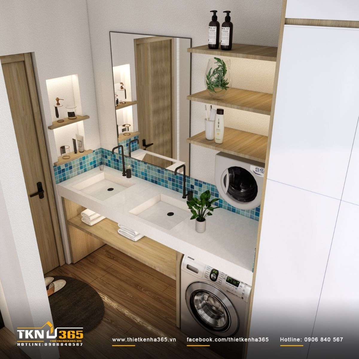 Gạch mosaic xanh nhạt tạo điểm nhấn nhẹ, c&acirc;n bằng thị gi&aacute;c cho kh&ocirc;ng gian phụ trợ