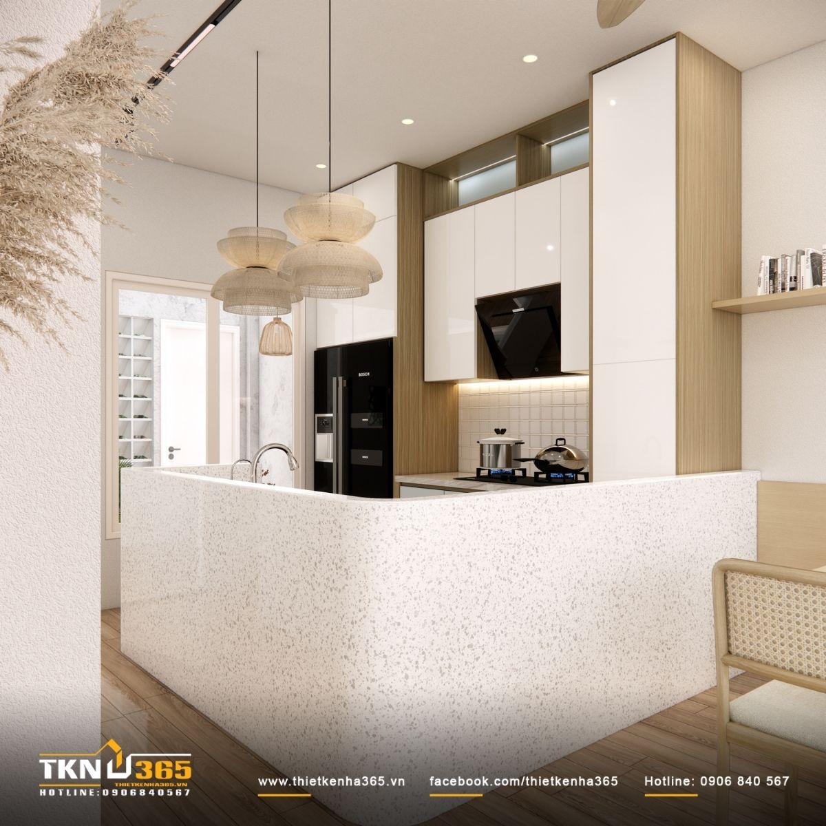 Quầy bếp mặt đ&aacute; s&aacute;ng đ&oacute;ng vai tr&ograve; khoảng đệm chuyển tiếp, ph&acirc;n định nhẹ nh&agrave;ng giữa khu nấu nướng v&agrave; kh&ocirc;ng gian ph&iacute;a trước