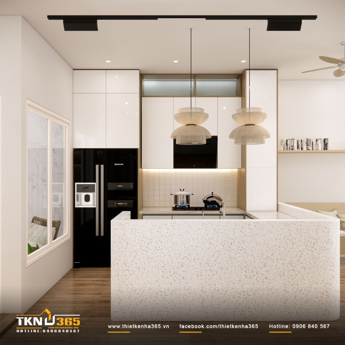 Thiết kế bếp mở giữ sự li&ecirc;n tục về thị gi&aacute;c, gi&uacute;p &aacute;nh s&aacute;ng tự nhi&ecirc;n lan tỏa khắp tầng trệt nh&agrave; phố