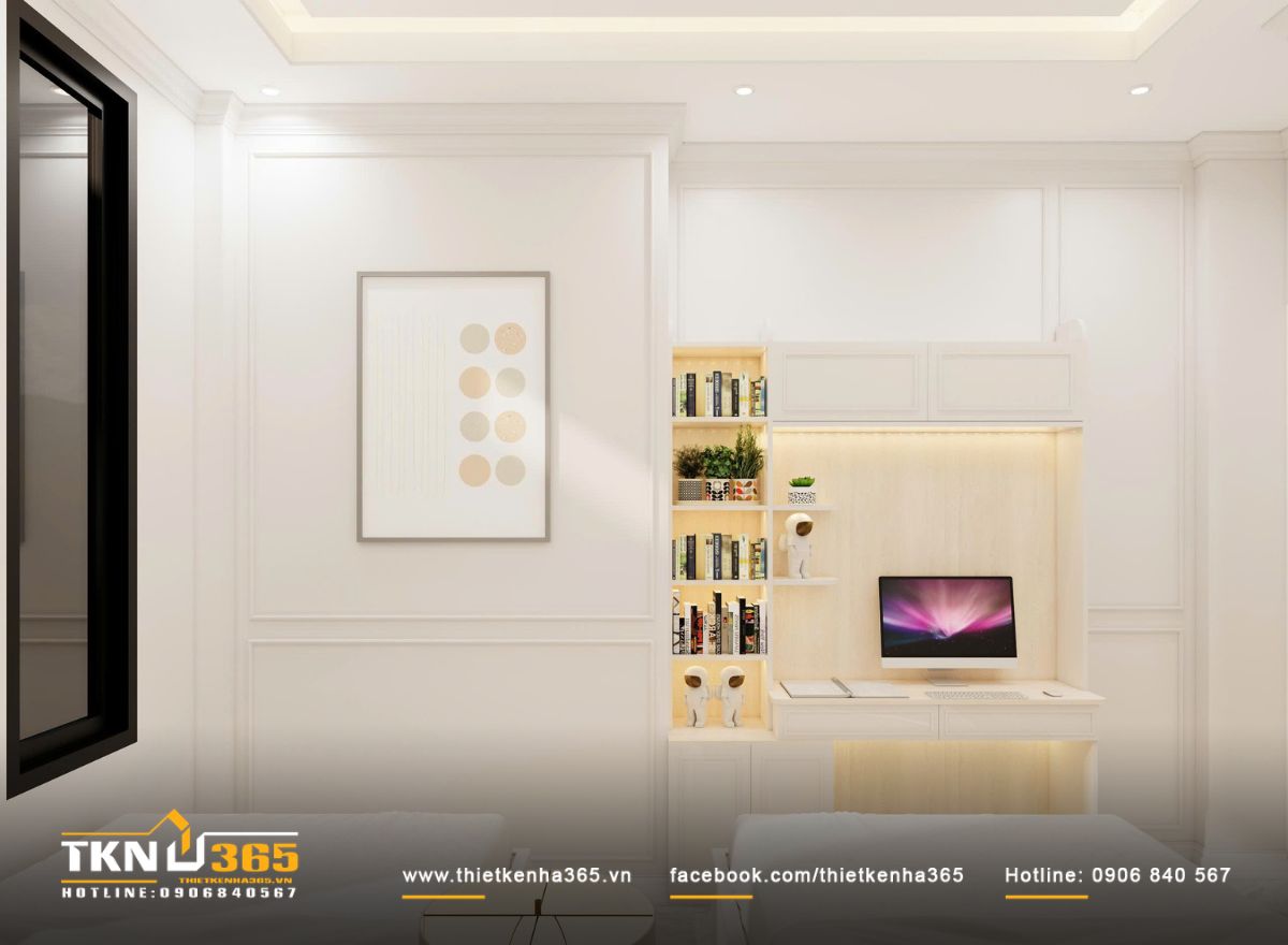 Hệ tủ kết hợp b&agrave;n l&agrave;m việc thiết kế gọn g&agrave;ng, t&iacute;ch hợp &aacute;nh s&aacute;ng hắt nhẹ để giữ sự y&ecirc;n tĩnh cho kh&ocirc;ng gian ri&ecirc;ng tư