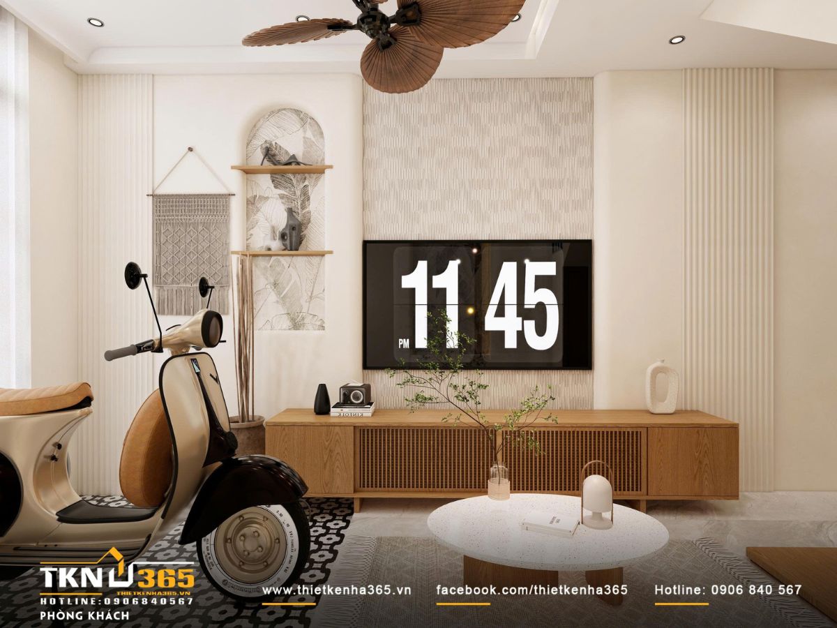 Hệ tủ tivi thấp kết hợp &aacute;nh s&aacute;ng gi&aacute;n tiếp v&agrave; chi tiết trang tr&iacute; tiết chế, gi&uacute;p kh&ocirc;ng gian sinh hoạt chung giữ được sự th&ocirc;ng tho&aacute;ng v&agrave; nhẹ nh&agrave;ng