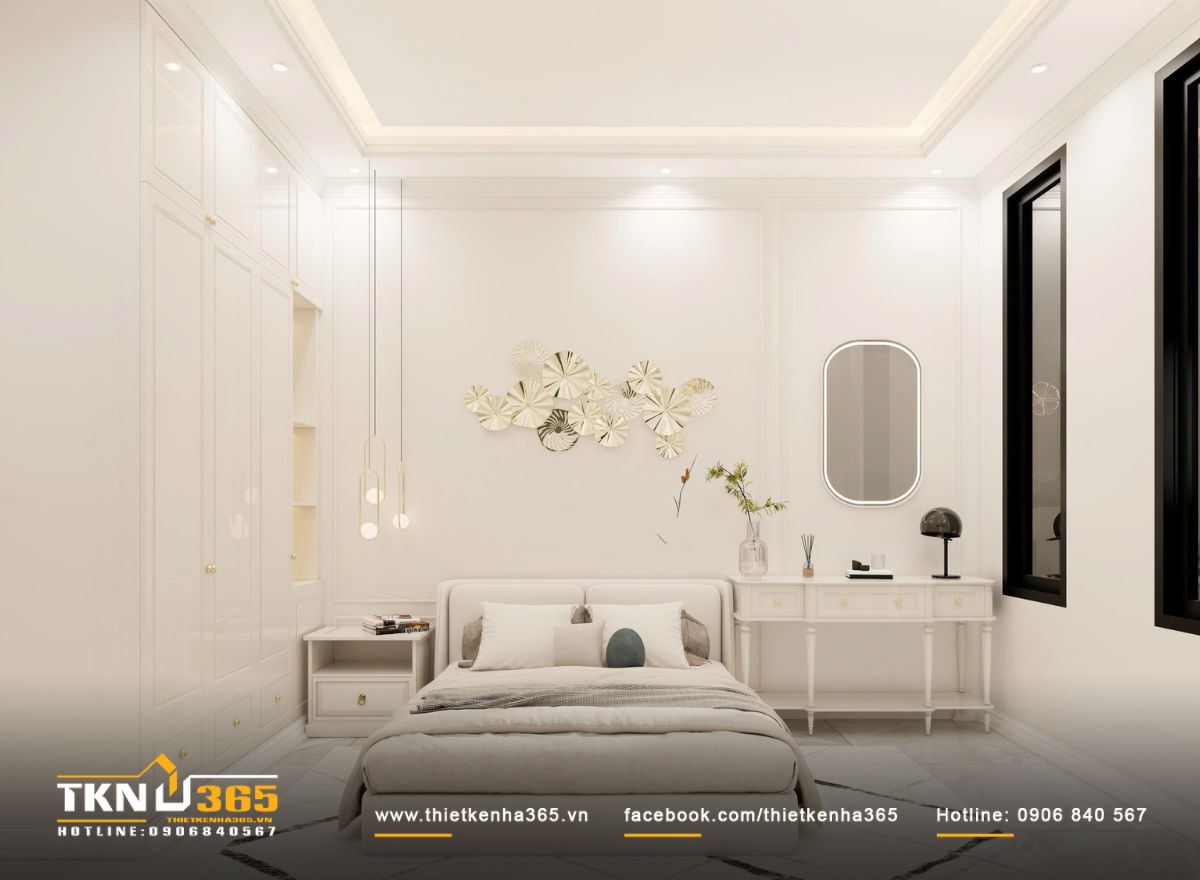 Ph&ograve;ng ngủ phụ giữ tinh thần t&acirc;n cổ điển chọn lọc, điểm nhấn trang tr&iacute; được đặt vừa đủ để tạo chiều s&acirc;u m&agrave; kh&ocirc;ng g&acirc;y &aacute;p lực cho kh&ocirc;ng gian