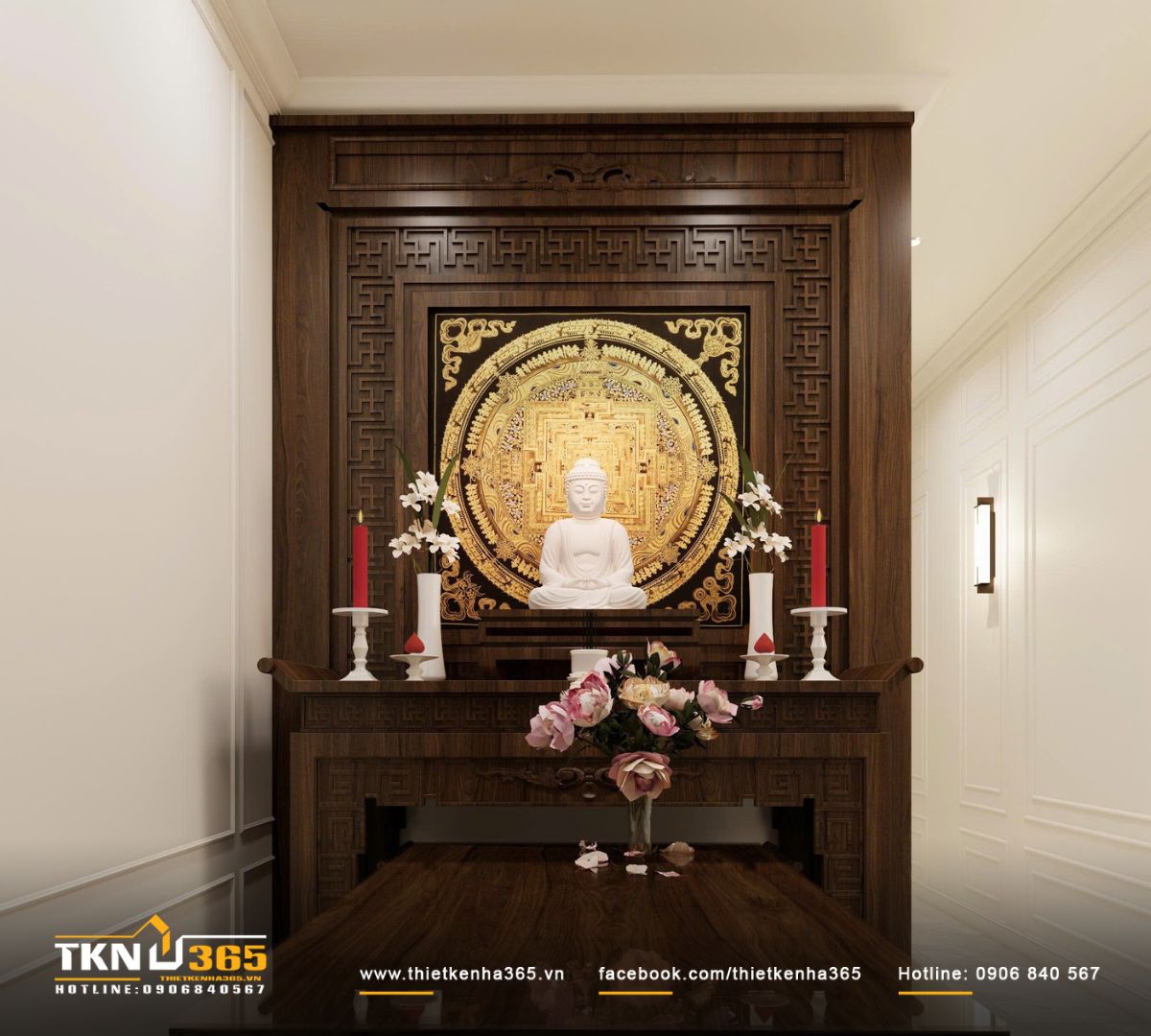 Kh&ocirc;ng gian ph&ograve;ng thờ sử dụng gỗ trầm l&agrave;m chủ đạo, bố cục c&acirc;n xứng v&agrave; hoa văn truyền thống tạo cảm gi&aacute;c trang nghi&ecirc;m