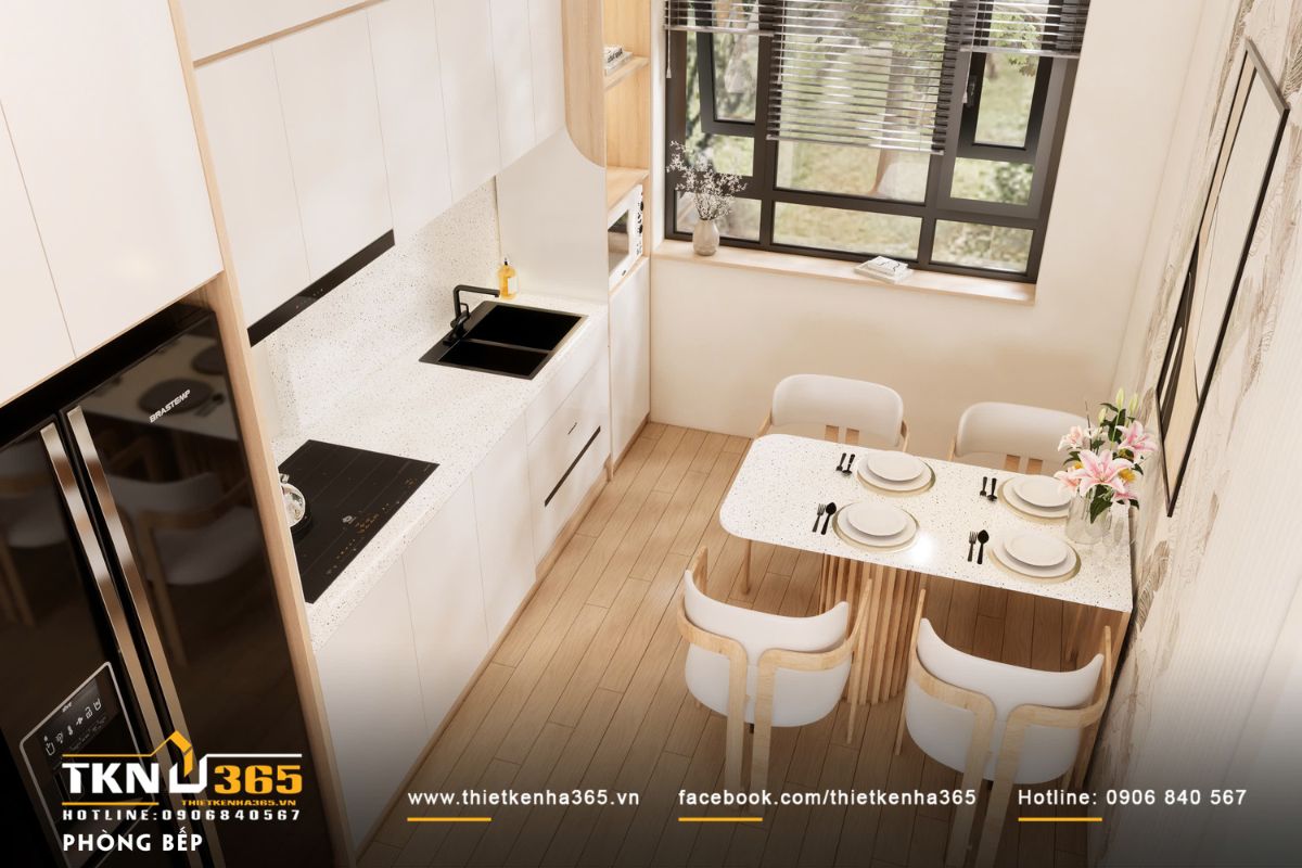 B&agrave;n ăn mặt đ&aacute; trắng kết hợp ghế t&ocirc;ng s&aacute;ng đặt gần cửa sổ, tận dụng &aacute;nh s&aacute;ng tự nhi&ecirc;n v&agrave; tạo cảm gi&aacute;c ấm &aacute;p cho những bữa cơm gia đ&igrave;nh