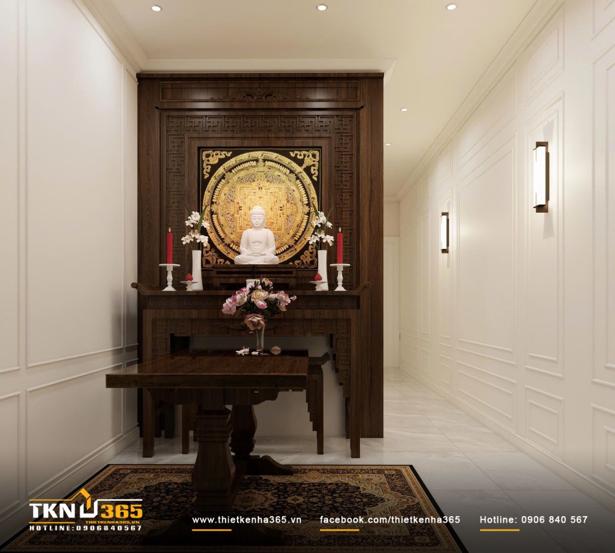 Ph&ograve;ng thờ đặt ở vị tr&iacute; y&ecirc;n tĩnh, t&aacute;ch khỏi khu sinh hoạt chung, giữ sự trang trọng cần thiết trong tổng thể nh&agrave; phố 3 tầng