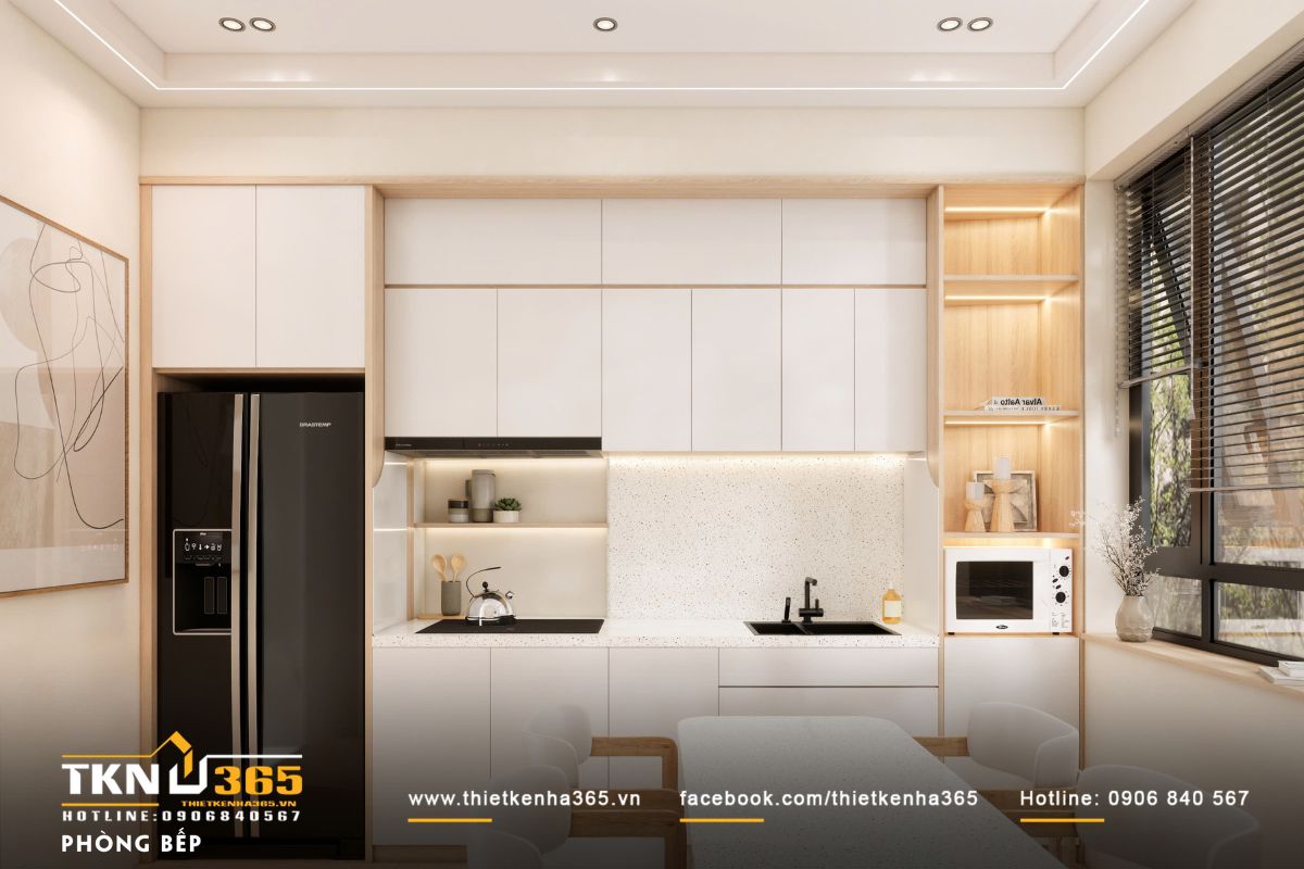 Thiết kế bếp tối giản với thiết bị &acirc;m tủ, &aacute;nh s&aacute;ng gi&aacute;n tiếp v&agrave; chi tiết gỗ s&aacute;ng, c&acirc;n bằng giữa tiện nghi v&agrave; sự thoải m&aacute;i