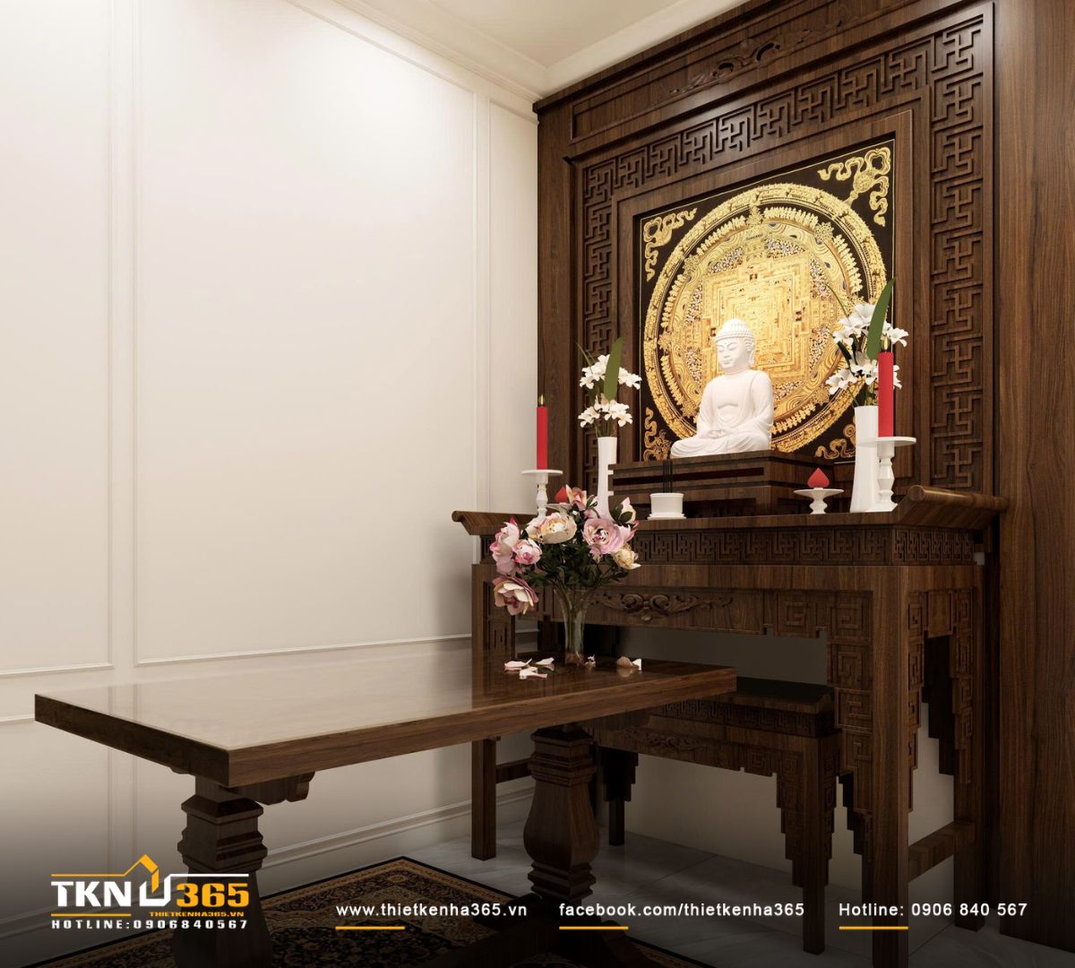 B&agrave;n thờ chạm khắc tinh tế kết hợp &aacute;nh s&aacute;ng dịu nhẹ, thể hiện sự tr&acirc;n trọng c&aacute;c gi&aacute; trị tinh thần v&agrave; n&eacute;t văn h&oacute;a l&acirc;u đời của gia đ&igrave;nh