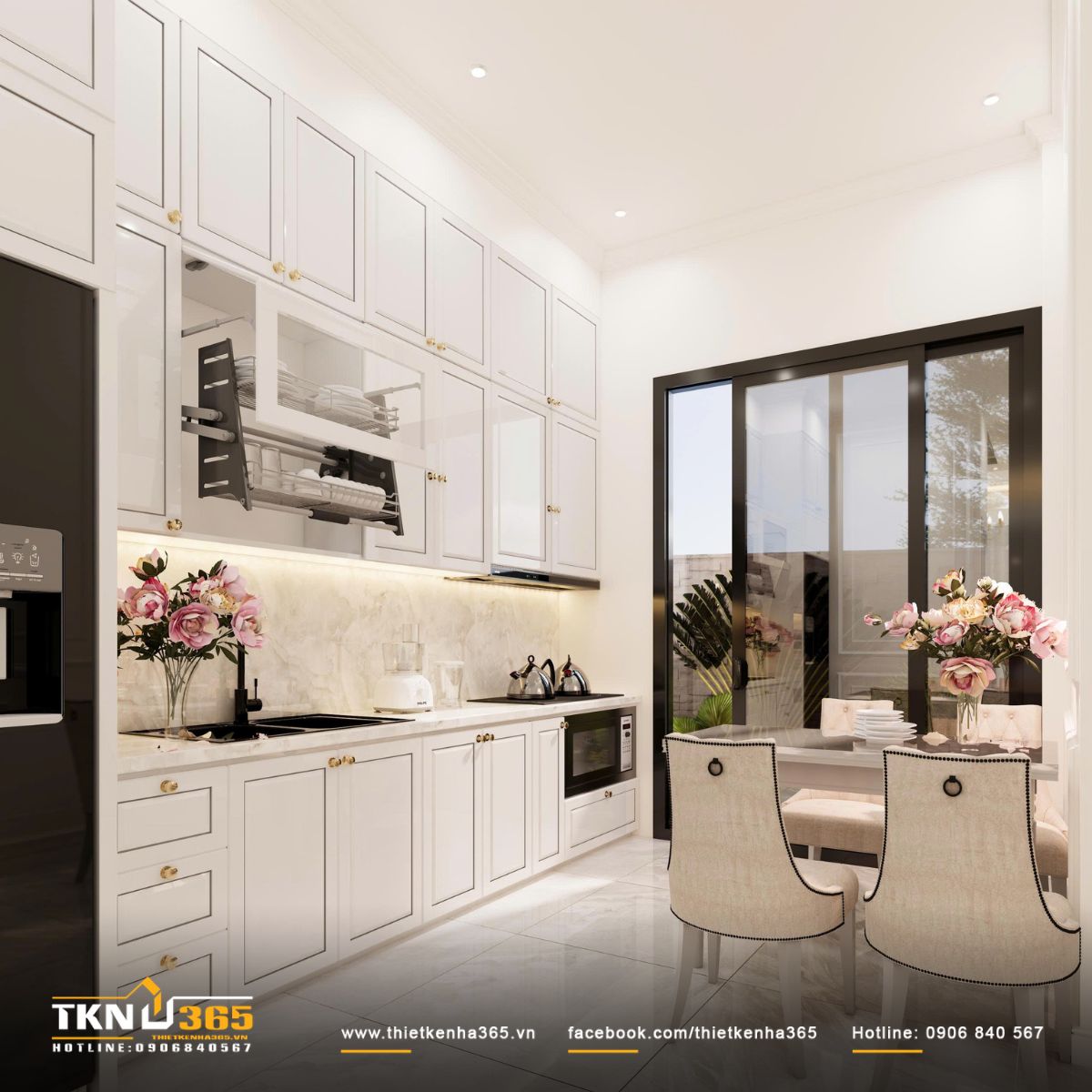 Sự kết hợp giữa tủ bếp trắng kem, mặt đ&aacute; s&aacute;ng v&agrave; chi tiết kim loại &aacute;nh kim mang lại cảm gi&aacute;c sạch sẽ, nhẹ nh&agrave;ng nhưng kh&ocirc;ng đơn điệu