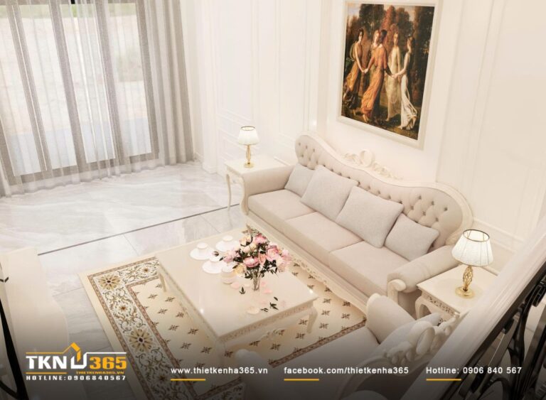 Bộ sofa bọc vải s&aacute;ng m&agrave;u kết hợp b&agrave;n tr&agrave; v&agrave; thảm họa tiết tiết chế, đặt tr&ecirc;n nền đ&aacute; s&aacute;ng gi&uacute;p kh&ocirc;ng gian lu&ocirc;n tho&aacute;ng v&agrave; dễ chịu khi sử dụng